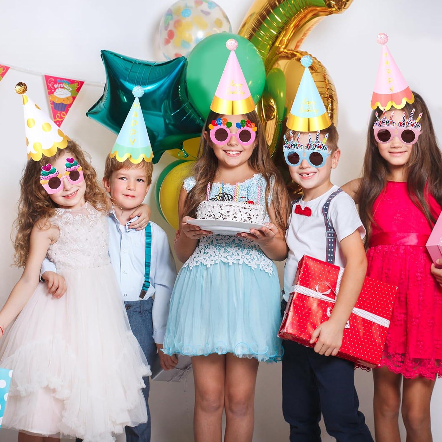 Xugoox 16 Pcs Happy Birthday Party Hats Birthday Sunglasses Pom Pom Assorted Boys Girls Rainbow Birthday Hat and Glasses Paper Cone Hats for All Ages Birthday Party Favors Decor Photo Props image number 2