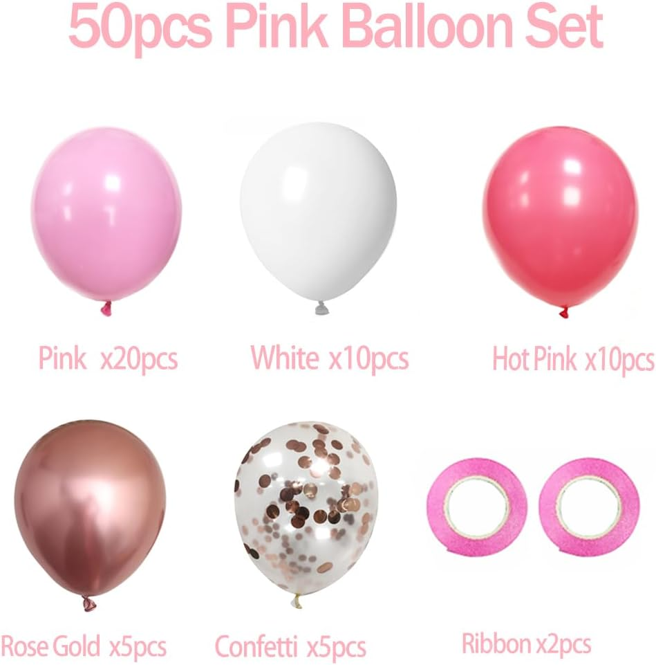 Pink and Rose Gold Party Balloons, 60Pcs 12 Inch Hot Pink White Rose Gold Confetti Latex Balloons for Birthday Wedding Baby Showe Gender Graduation Anniversary Party Decoration