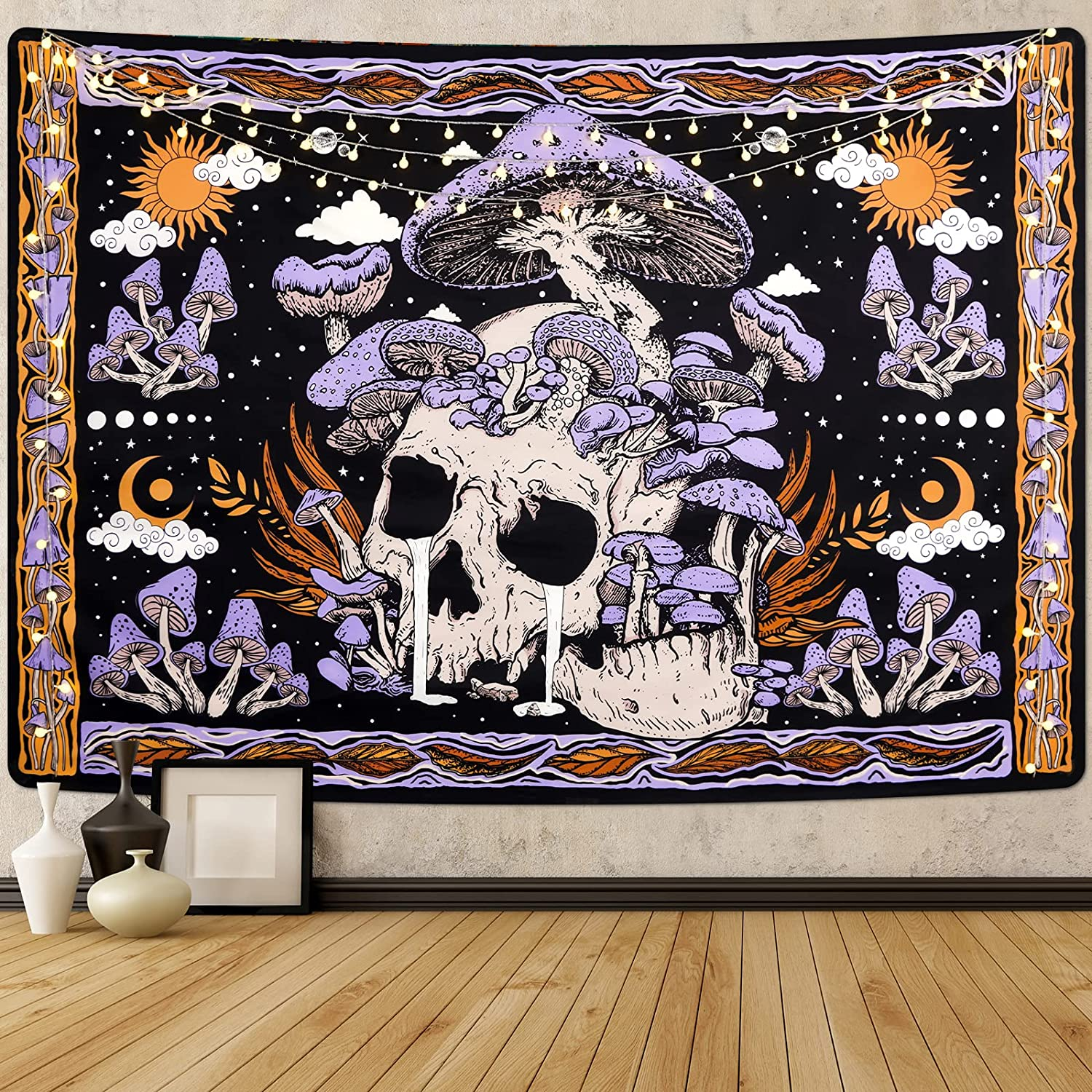 Uspring Mushroom Tapestries Skull Skeleton, Leaves, Large Purple Tapestry for Bedroom, Wall Hanging for Room (51.2 X 59.1 Inches) image number 5