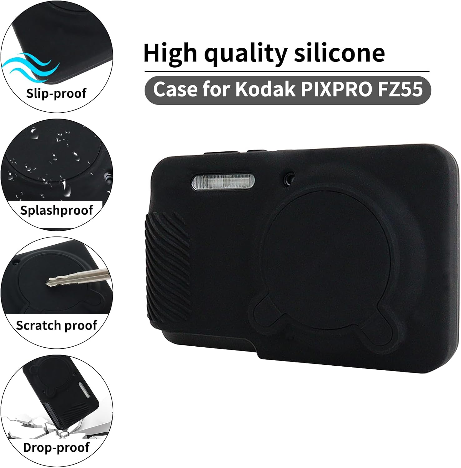Rieibi Silicone Case for Kodak PIXPRO FZ55 Case, Accessories for Kodak PIXPRO FZ55 Camera Case with 2 Pcs Screen Protectors, Detachable Lens Cover for PIXPRO FZ55 Camera，Black - Black image number 4