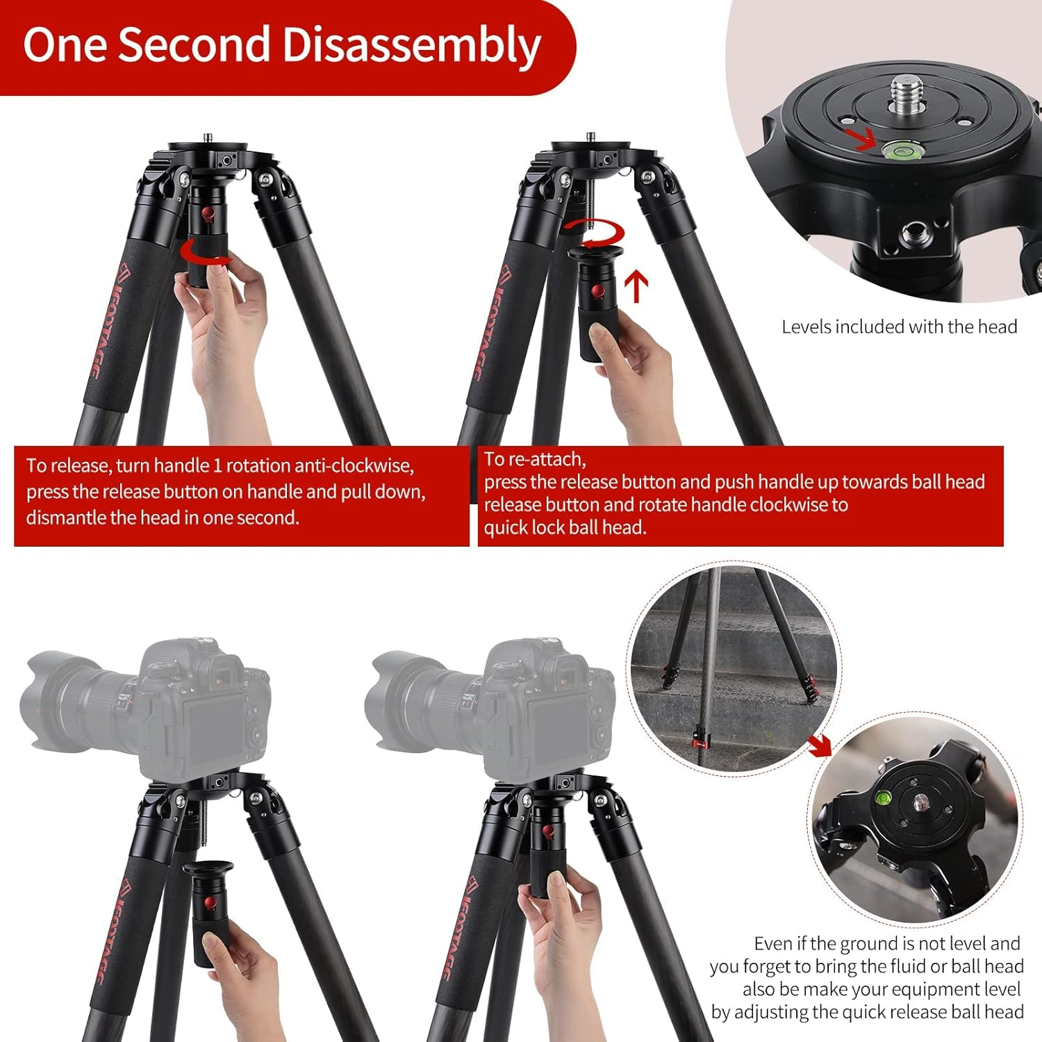 IFOOTAGE Tripod Gazelle TC7, 61&rdquo; Carbon Fiber Video Camera Tripod with Quick Fastbowl, Payload 19.8 Lbs