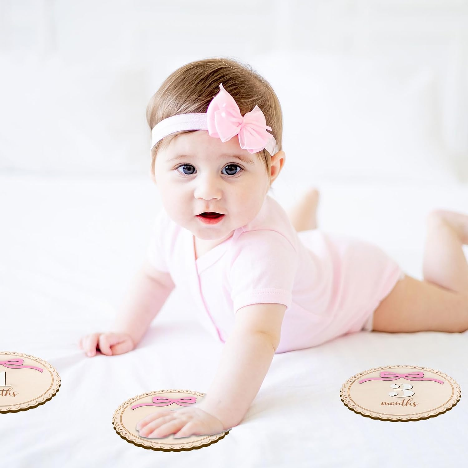12 Pcs Pink Bow Baby Monthly Milestone Cards Bowknot Wooden Marker Discs Month Announcement Sign for Pregnancy Newborn Baby Growth Photo Prop Decor Supplies image number 6