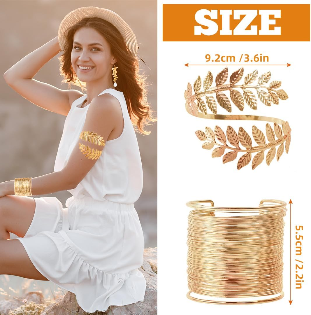 Laurel Wreath Headband Headdress Gold Set, Greek Goddess Golden Jewellery Costume Accessories Women, Golden Crown Headband Leaf Spool Upper Bangle Bracelet Earrings Metal Hair Accessories image number 6