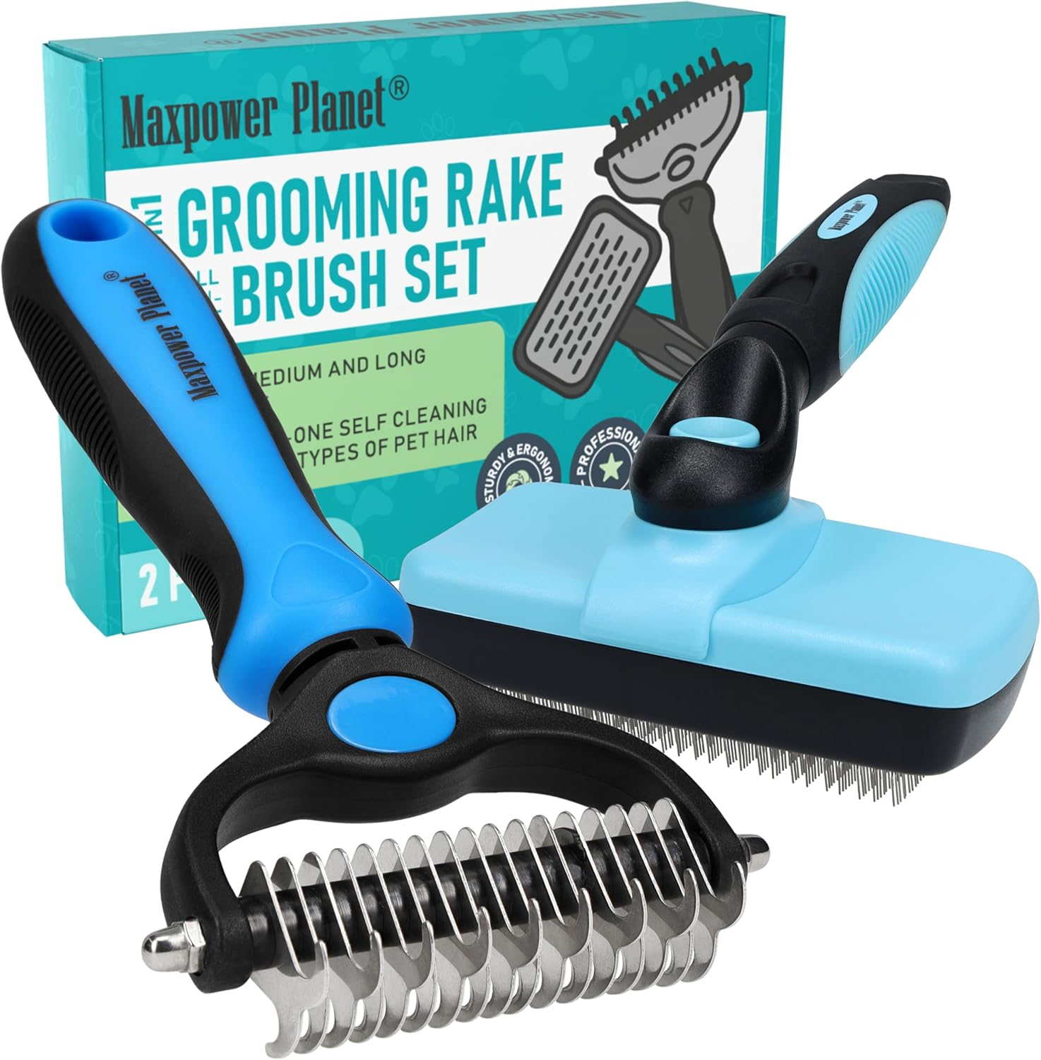 Maxpower Planet Pet Grooming Brush - Double Sided Shedding and Dematting Undercoat Rake Comb for Dogs and Cats,Extra Wide,Blue