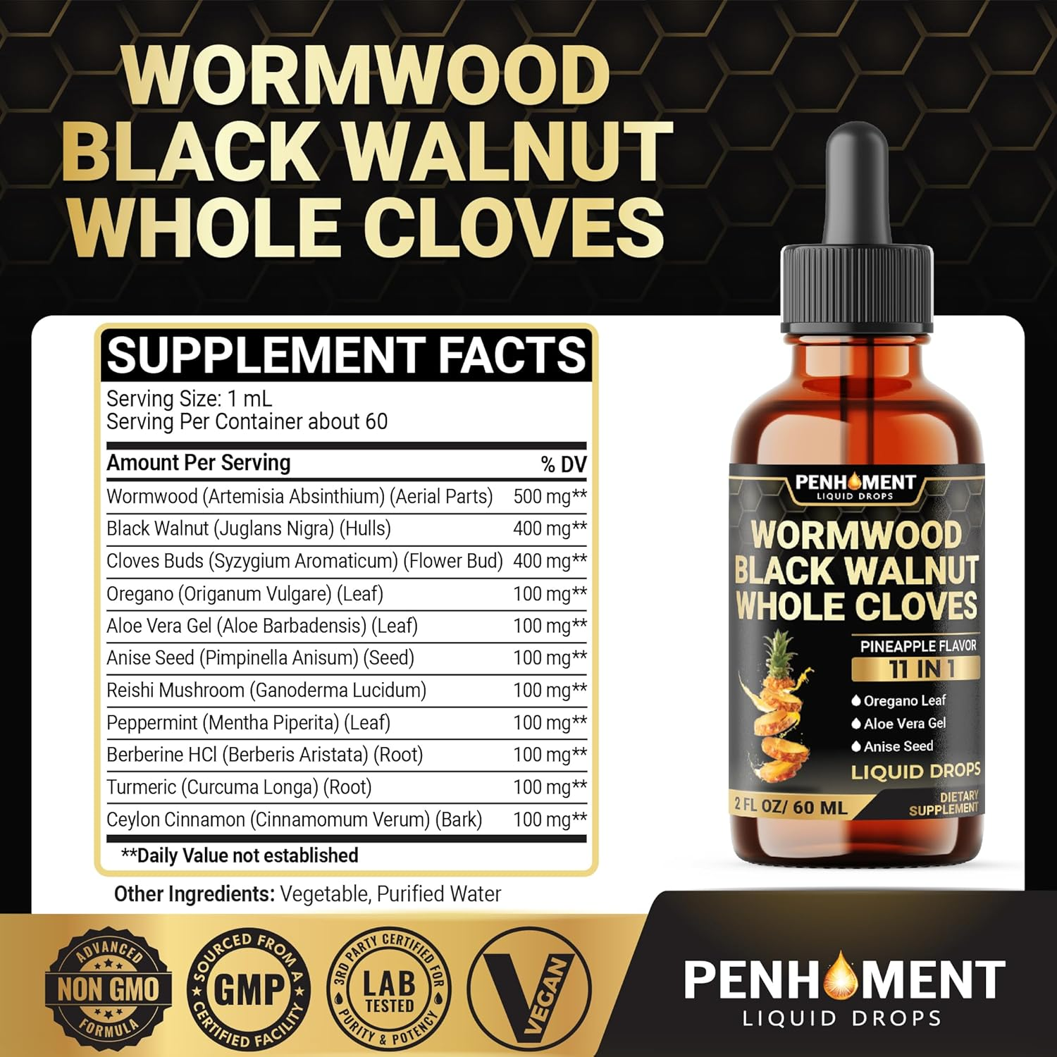 11In1 Liquid Wormwood Drops with Black Walnut, Whole Cloves, Oregano & 7 More - Pineapple Flavor - 2 FL OZ - 60 Days Supply