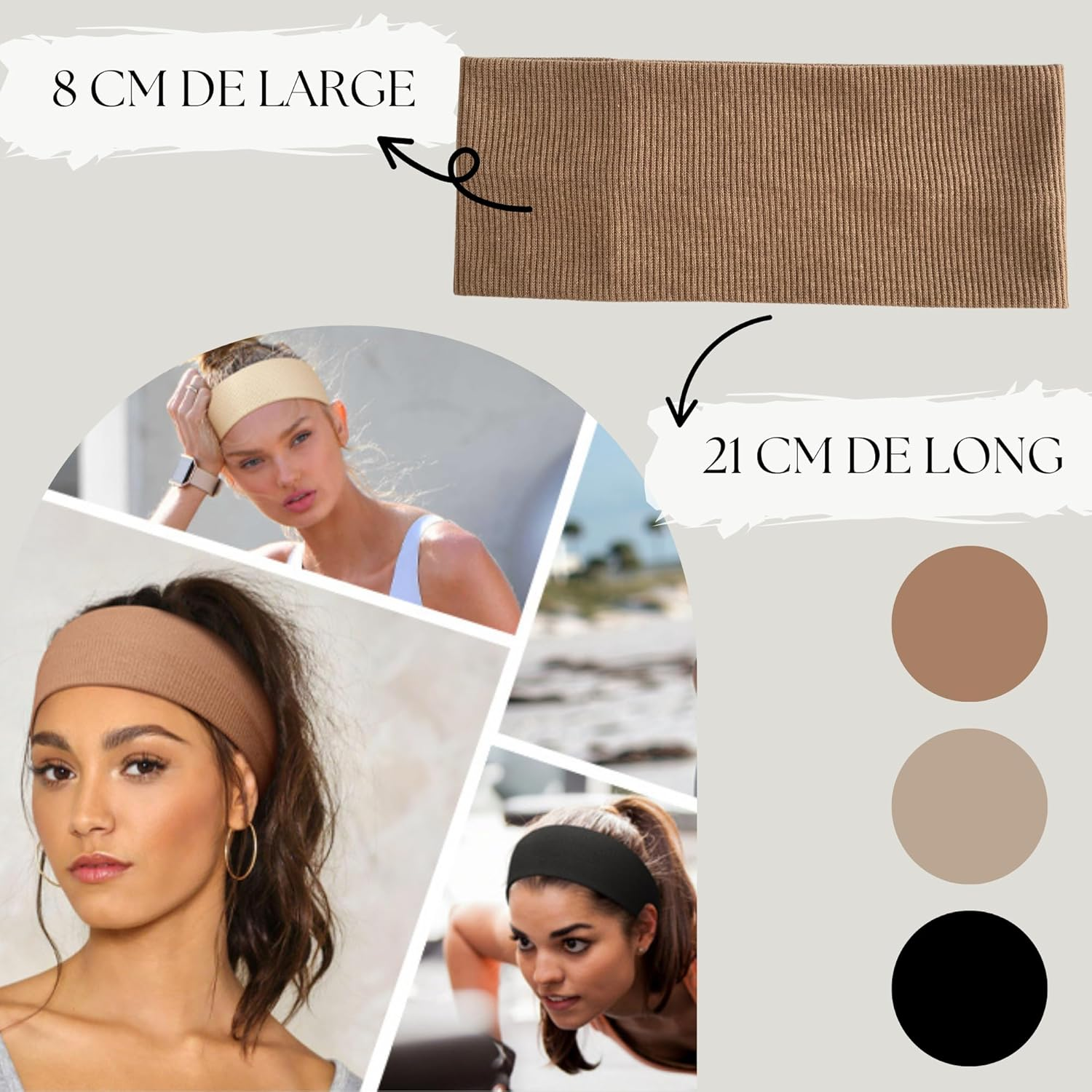 CROMPI Women'S Hair Band, Girl or Child, 8 Cm Cotton Fashion Headbands for Women, Non-Slip with Fitness Material, Hair Accessories for Makeup, Yoga, Sport, Resistant and Breathable, 3 Pieces image number 3