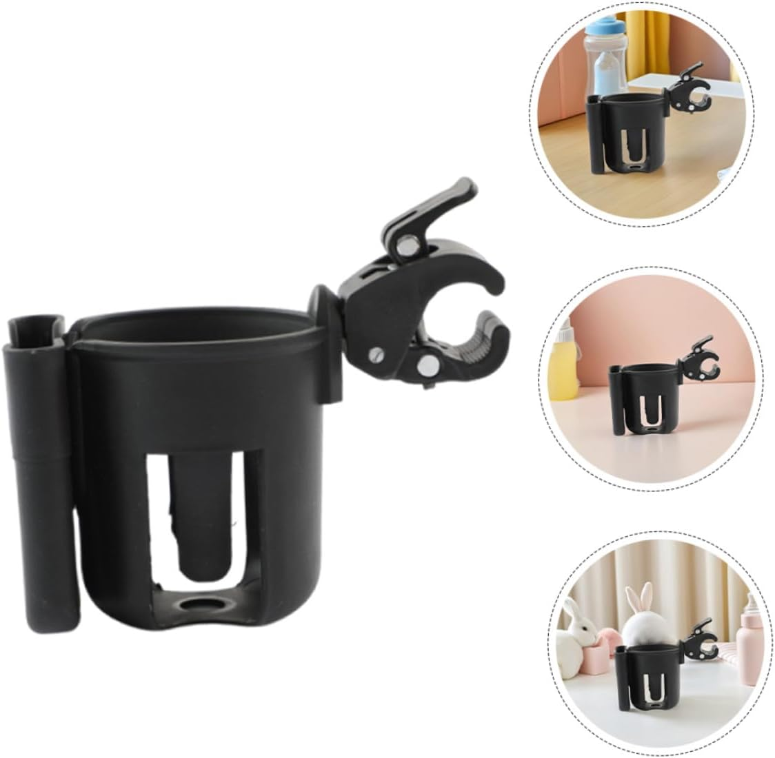 2Pcs Stroller Cup Holder Phone Holder, Universal Plastic Drink Bottle Rack for Pram, Pushchair and Scooter, Black Organizer for Bottles and Sippy Cups, Travel Accessories image number 3