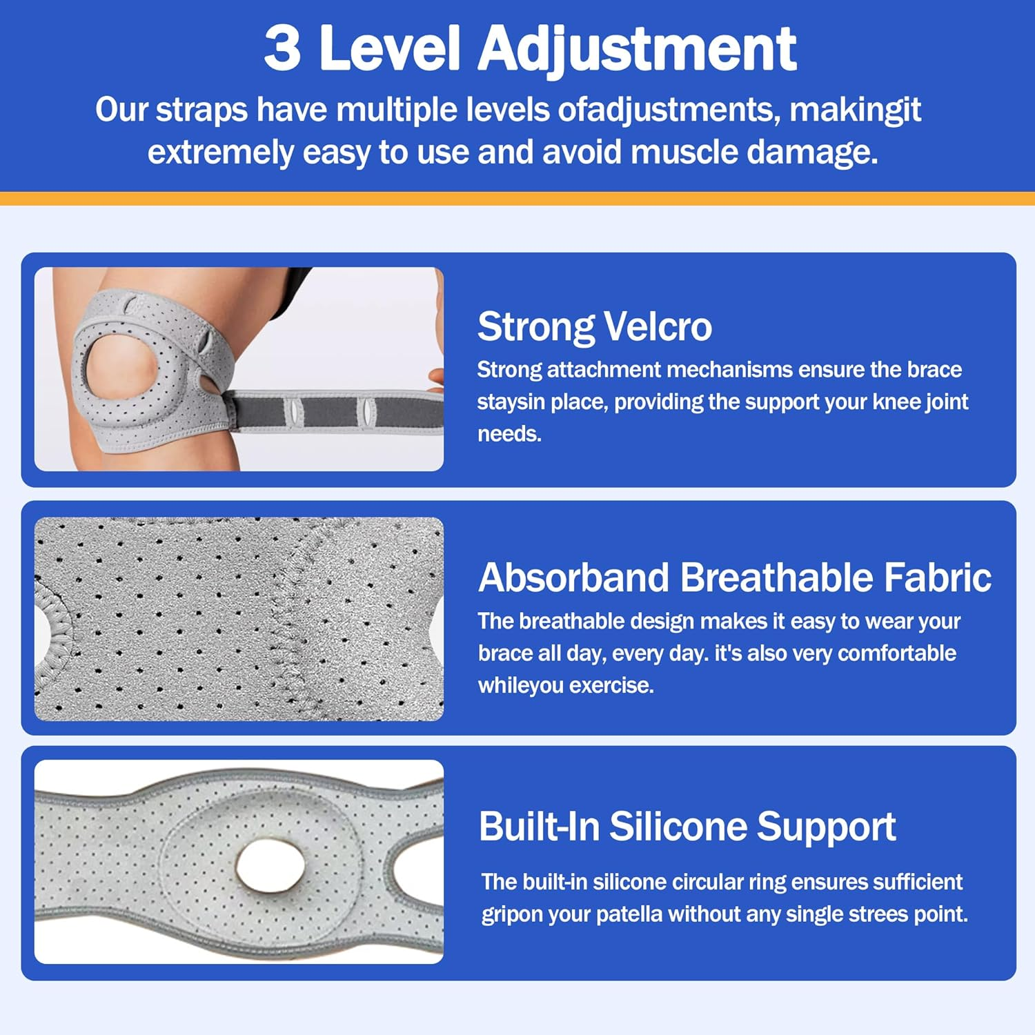 Knee Brace for Women Men, Adjustable Compression Patella Stabilizer Pad for Meniscus Tear, ACL Knee Brace for Meniscus Tear Knee Pain, Arthritis Pain, Injury Recovery, Running Workout (Gray) image number 5