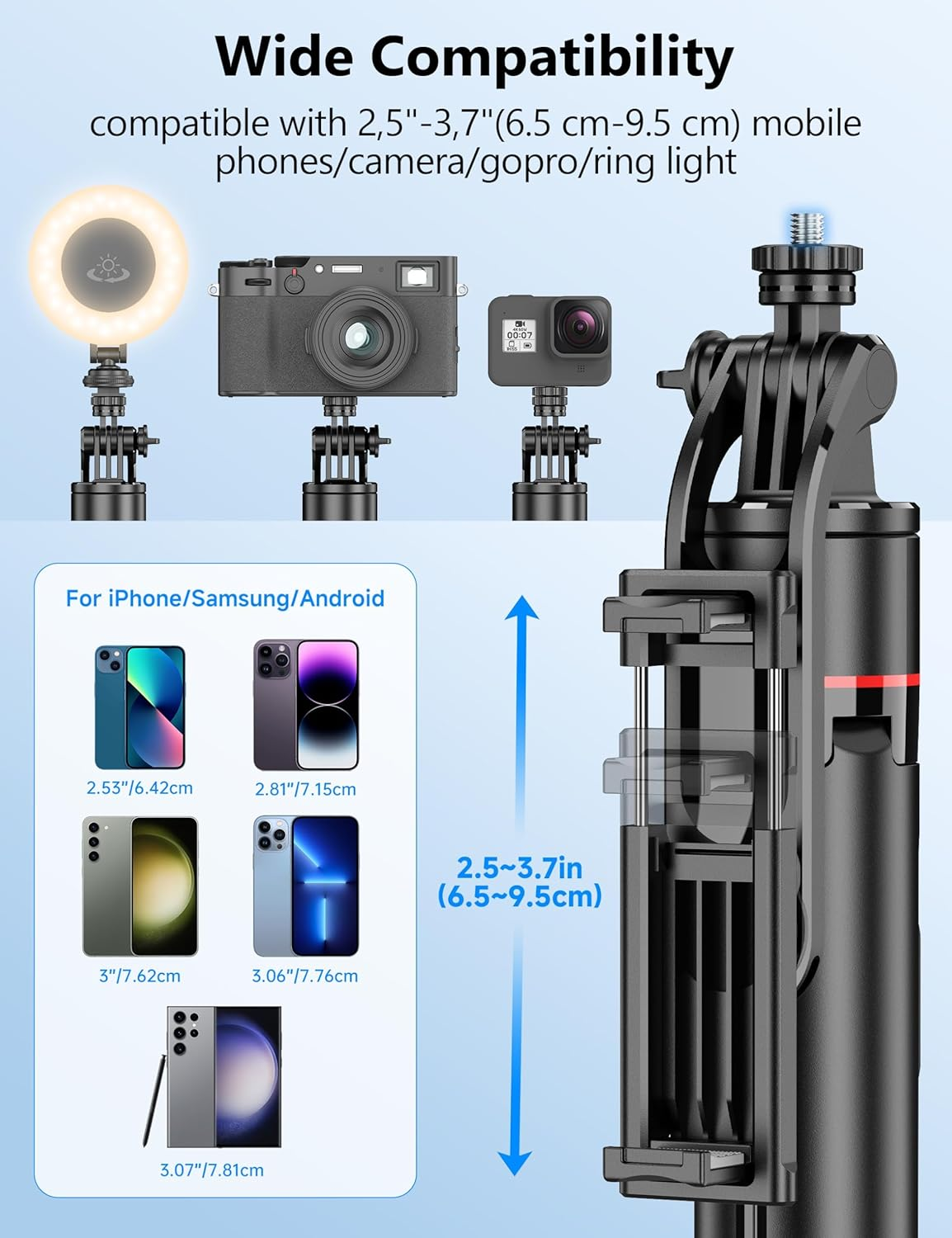 Auto Pop Open Tripod with Magnetic Remote, 178Cm Extendable Automatic Selfie Stick Tripod Compatible with Iphone Android, 360&deg; Rotatable, One-Piece Design for Vlog Video Recording image number 2