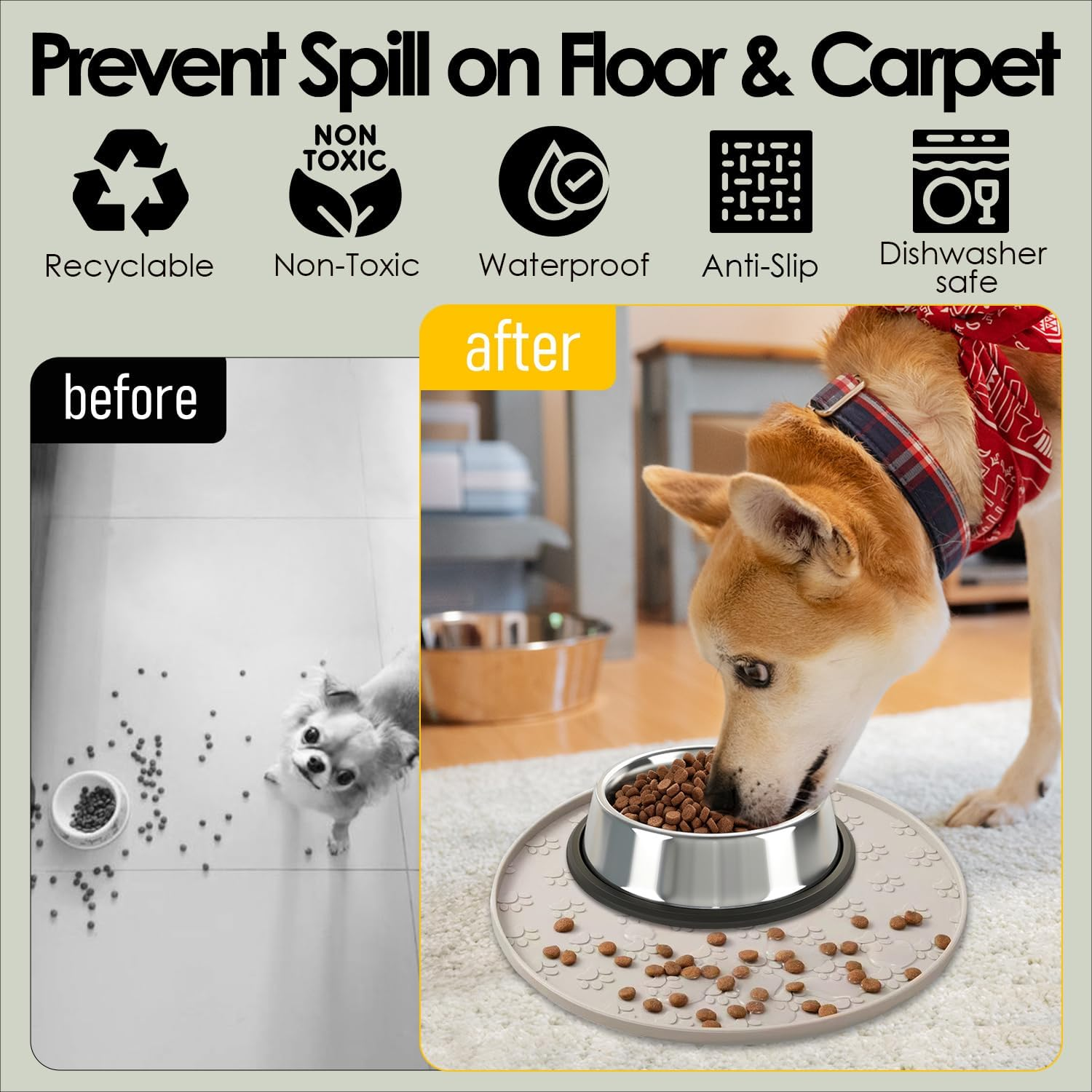 AVYDIIF Pet Feeding Mat, Waterproof Anti-Slip Placemats for Dog Cat Bowl Silicone Pet Food Mat, Raised Edge Prevent Spills on Floor & Carpet, Dishwasher Safe (1 Beige, 28 X 28 Cm) image number 3