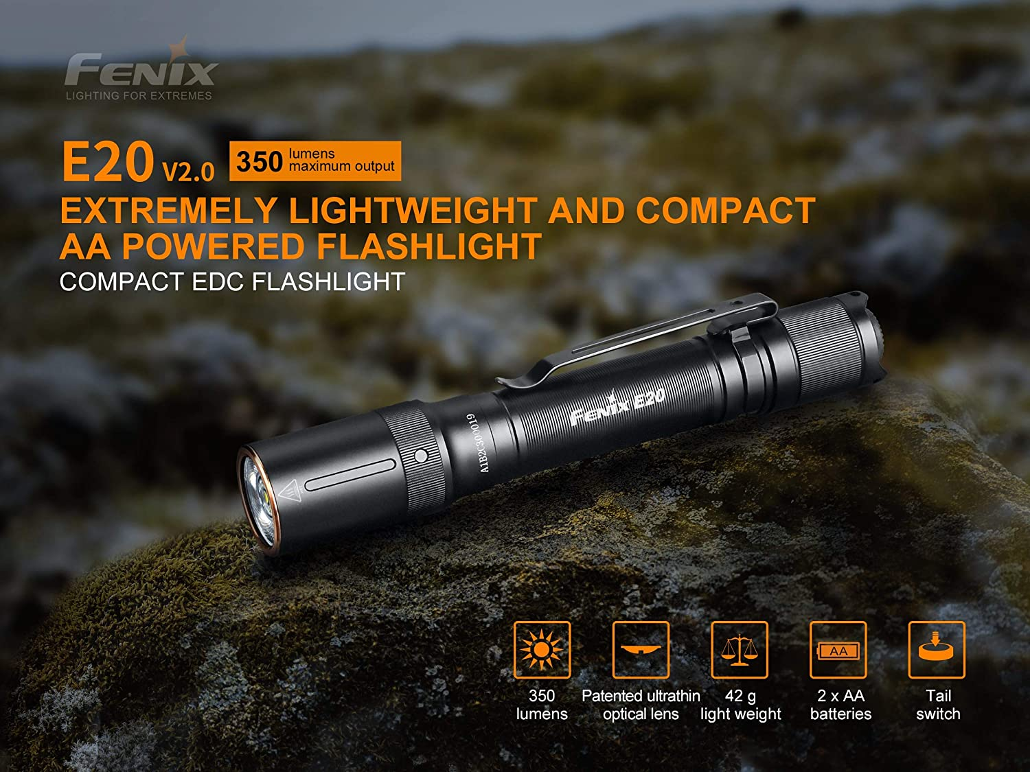 Fenix E20 V2.0 350 Lumen Led Torch with 126M Beam & 50000Hrs Lifespan &ndash; IP68 Waterproof Torch with Ultra Bright 4 Brightness Levels Tactical Flashlight Powered by AA Battery image number 5