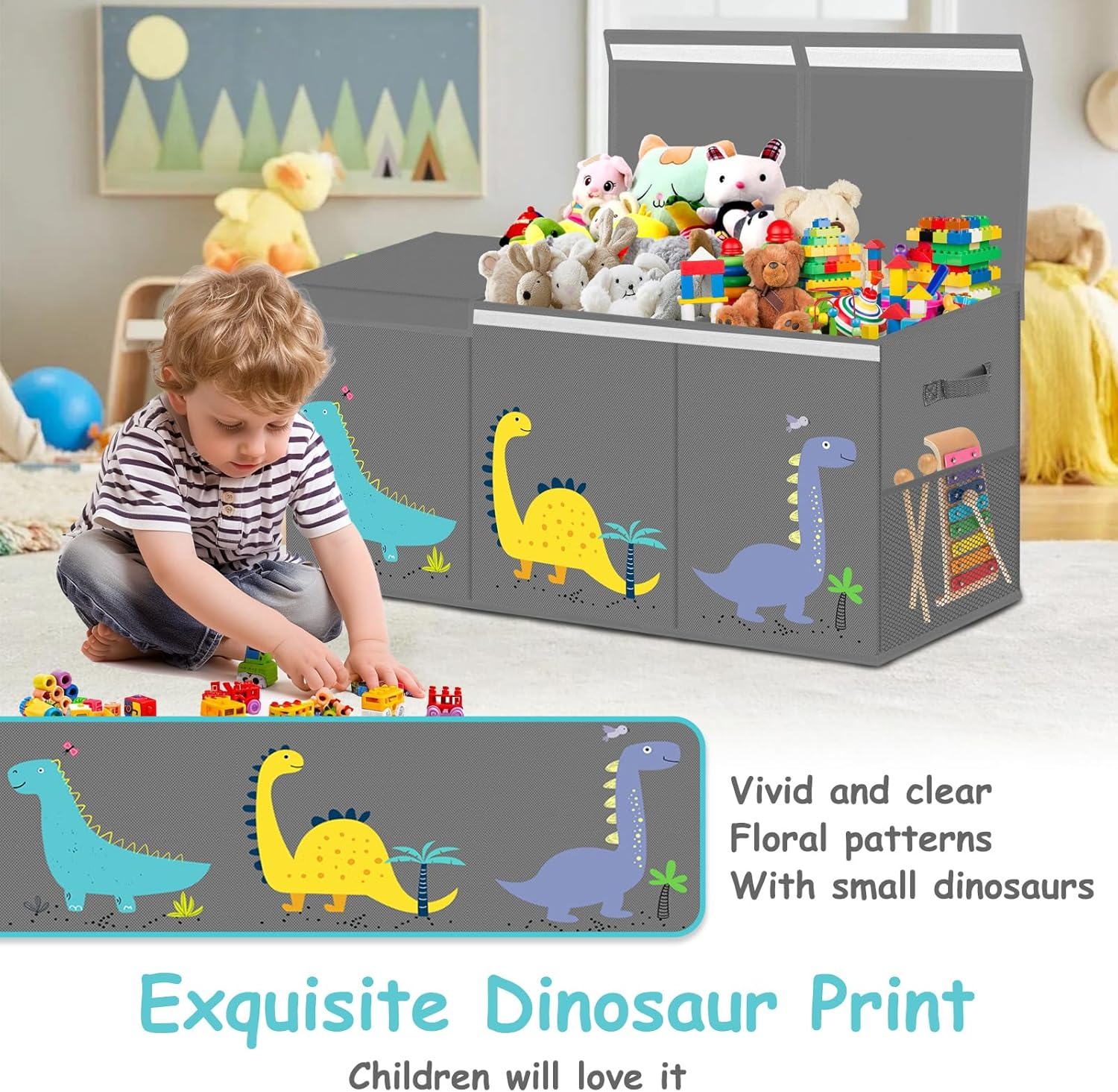 VERONLY Extra Large Toy Box Storage for Boys Girls - Collapsible Toy Chest Organizer for Kids,Toy Bin Container with Lid and Handles for Clothes, Nursery, Playroom, Bedroom,Stuffed Animals,Quilt(Grey) image number 2