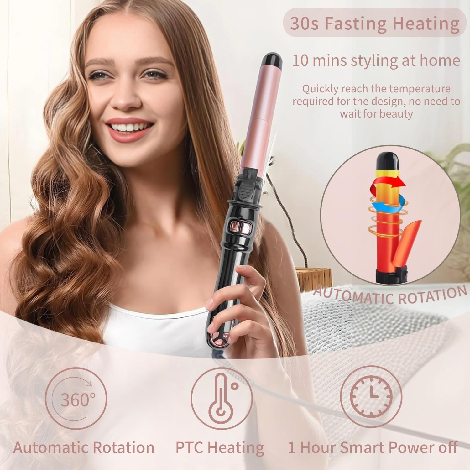 Shiexiu Newest 28Mm/1.1 Inch Automatic Curling Wand Rotating Curling Iron for Long Short Hair, Automatic Hair Curler with LED Display, Professional Hair Waver Hair Styling Irons Fast Heating Wand image number 5