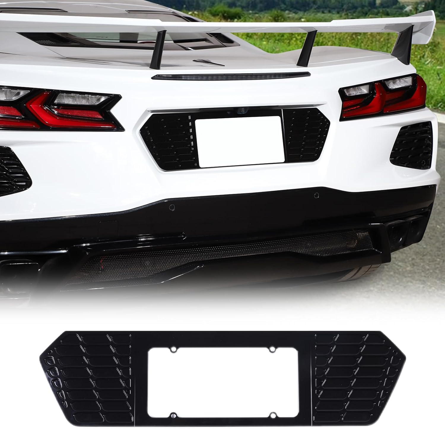 Rear License Frame Compatible with Chevrolet Corvette C8 2020-2025, Aluminum License Plate Frame Grill Vent Insert, License Plate Trim Base Accessories (Bright Black)