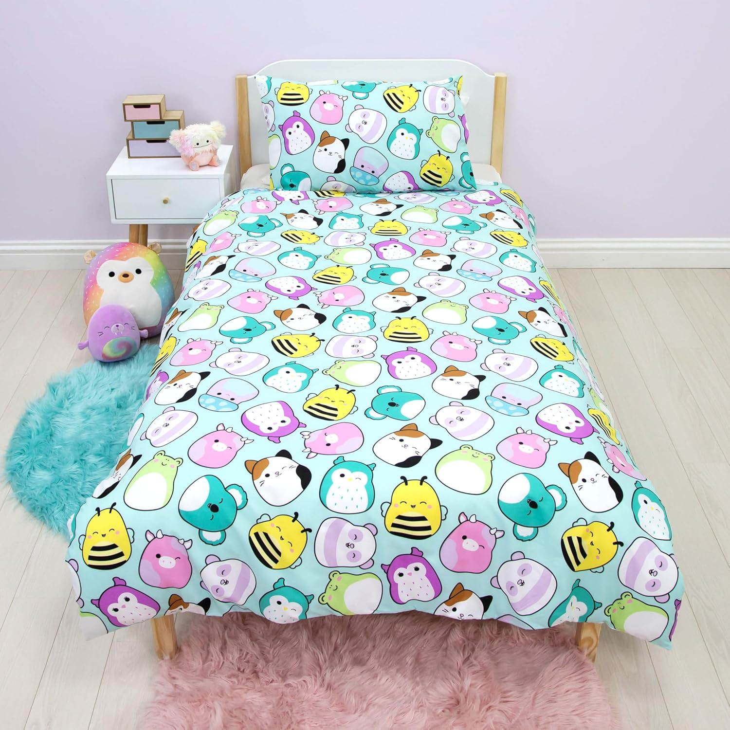Squishmallows Official Single Duvet Cover Set, Happy Design | Reversible 2 Sided Characters Bedding Cover Including Matching Pillow Case, Multicolor image number 2