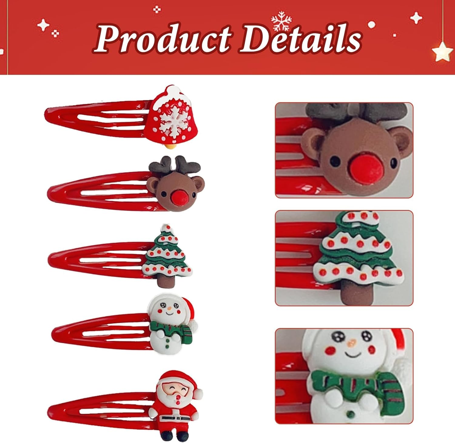 Hair Clips Girls Christmas - Pack of 10 5.5 Cm Christmas Hair Accessories Girls Cute Hair Clips Metal Snap Baby Hair Clips Hair Accessories Gifts for Children Girls Women Christmas Decoration image number 6