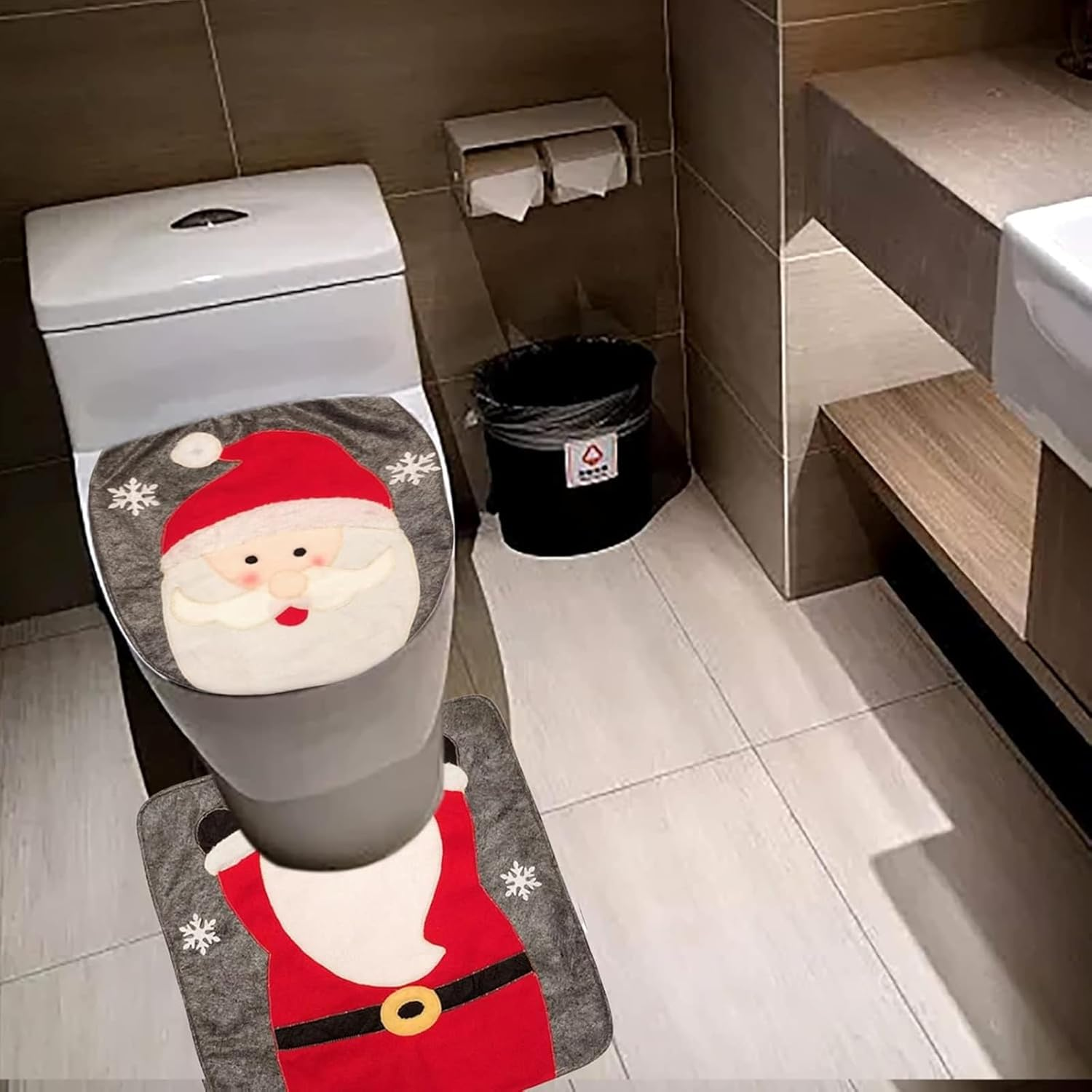 1 Piece Christmas Toilet Seat Cover Set, Bathroom Decor with Santa Design, Red Toilet Rug Mat and Tank Cover for Holiday Home Decorations