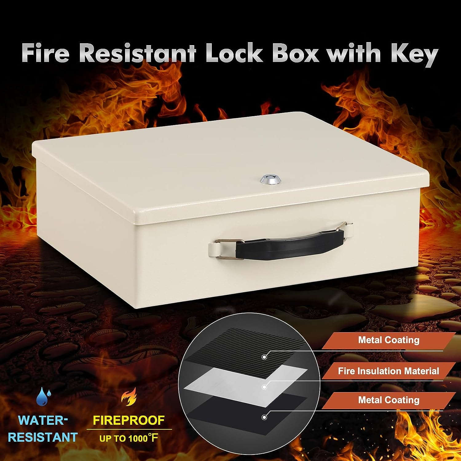 KYODOLED Fireproof Document Box with Key Lock, Small Safe Box for Valuables, Fire and Water Resistance, Fireproof Lock Box for Passport, Cash, Tablet, Exterior 12.8'' X 8.4'' X 4.5'' Beige - Beige image number 4