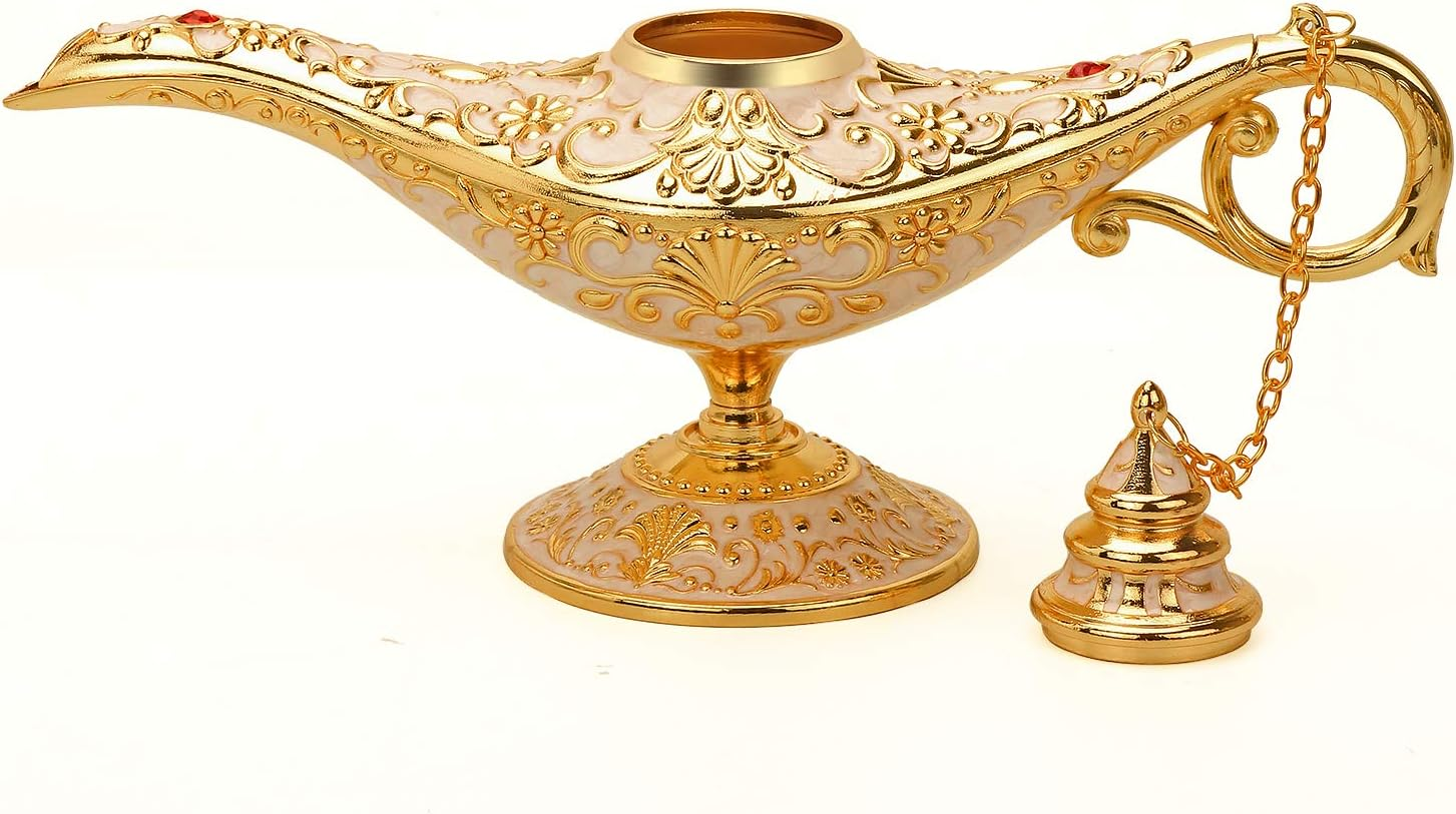 K COOL Classic Aladding Magic Genie Lamp Legend Wishing Light Costume Lamp Metal Carved Cone Incense Burner for Home Tabletop Decoration Party Birthday Halloween Christmas(Beige) image number 3