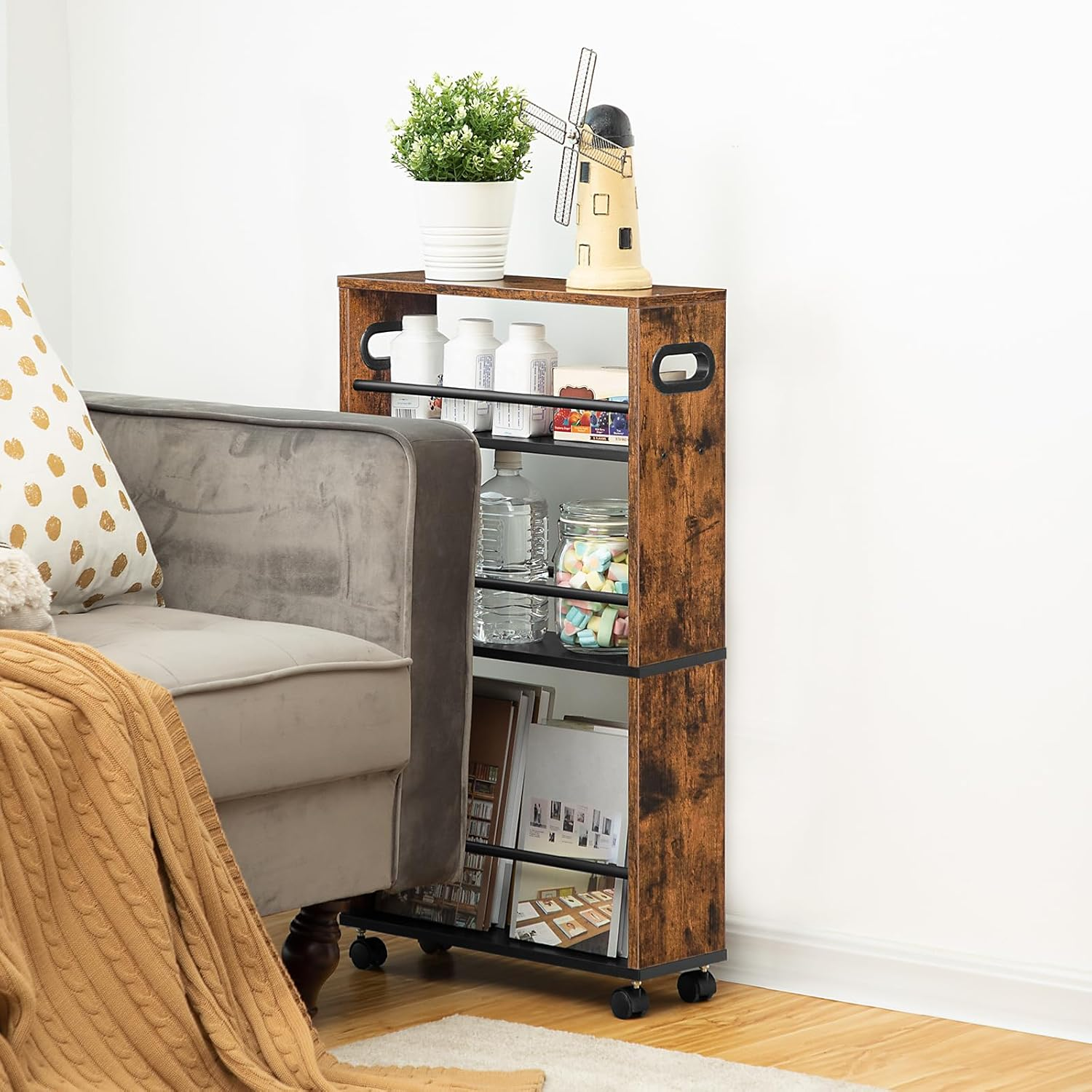 HOOBRO 4-Tier Slim Rolling Cart with Lockable Wheels - Multipurpose Storage and Craft Organizer Cart for Bathroom, Laundry, Kitchen - Book, Art, Makeup, Rustic Brown BF15TC01 image number 1