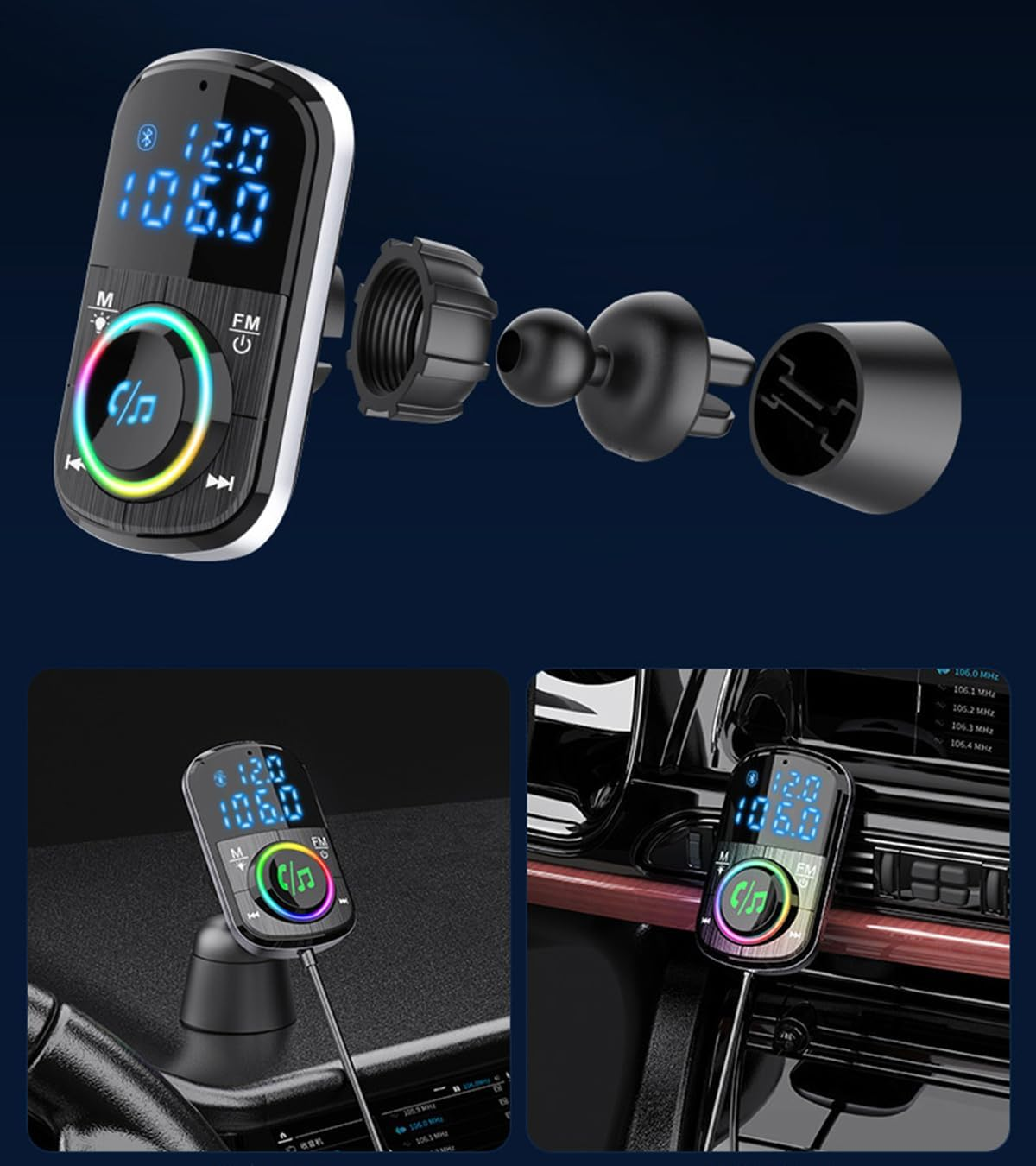 FM Transmitter, Bluetooth FM Transmitter Wireless Radio Adapter Car Kit with Lossless Sound Quality Colorful Ambient Light Player image number 1