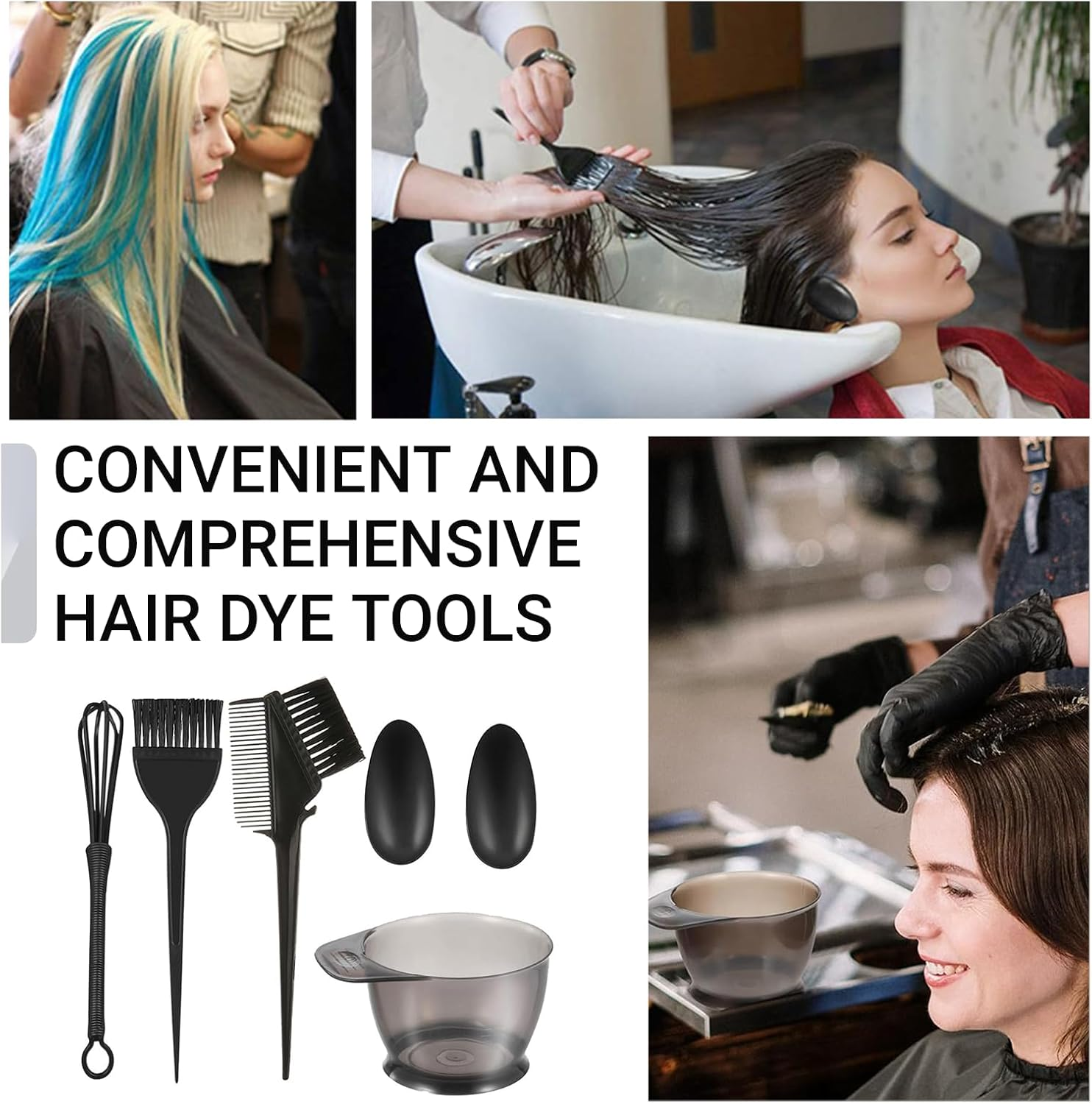 JOWILIN Hair Dye Coloring Kit 5 Pcs - Hair Dye Bowl, Hair Dying Brush, Comb, Ear Cover, Mixer, with Hook, Hair Dying Accessory Kit for Salon Home Hair Coloring (Black)