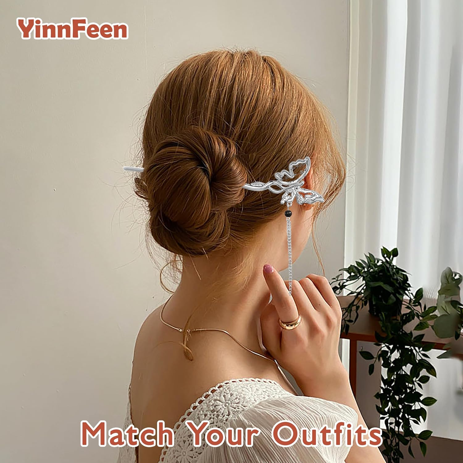 Yinnfeen 10 Pcs Chinese Hair Stick, Silver and Gold Vintage Hair Chopsticks, Retro Chinese Hanfu Hair Pin Flower Butterfly Dangle Tassel Hair Stick for Women Hair Styling Accessories image number 2