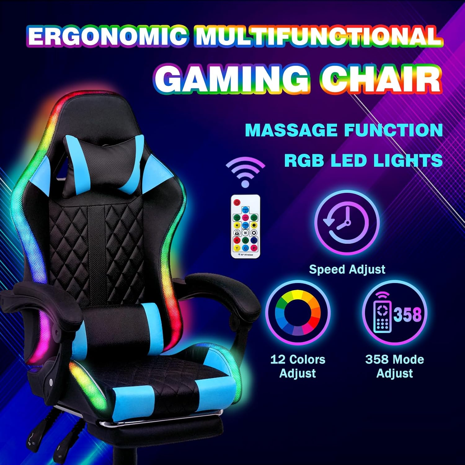 Advwin Gaming Chair with Massagers and LED Lights, Executive Office Chair with 135&deg; Recline, Racing Computer Chair with Footrest, Lumbar Support, Adjustable Height and High Back (Black & Blue) image number 1