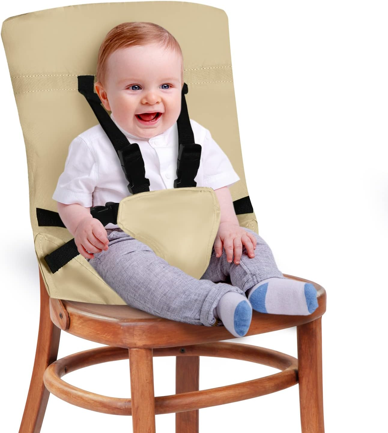 Portable High Chair by Baby Pick- Foldable High Chair for Travel with Adjustable Shoulder Straps- Compact Harness Seat for Babies & Toddlers- Easy to Use Washable Feeding Safety Seat (Beige) image number 6