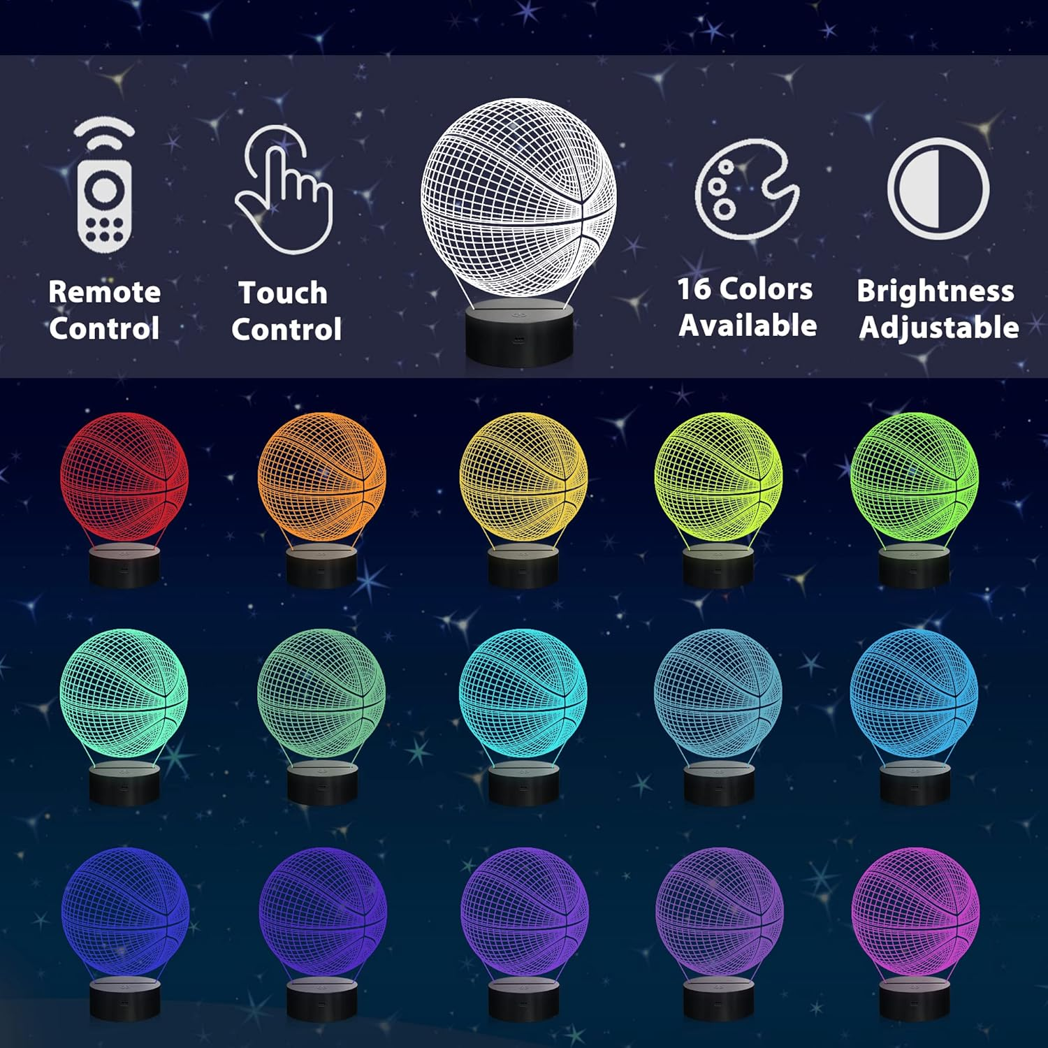 Basketball Night Light, Ammonite 3D Illusion Lamp 16 Colors Changing with Remote & Timer Boys Room Decor for Basketball Lovers Kids Boys Men image number 2