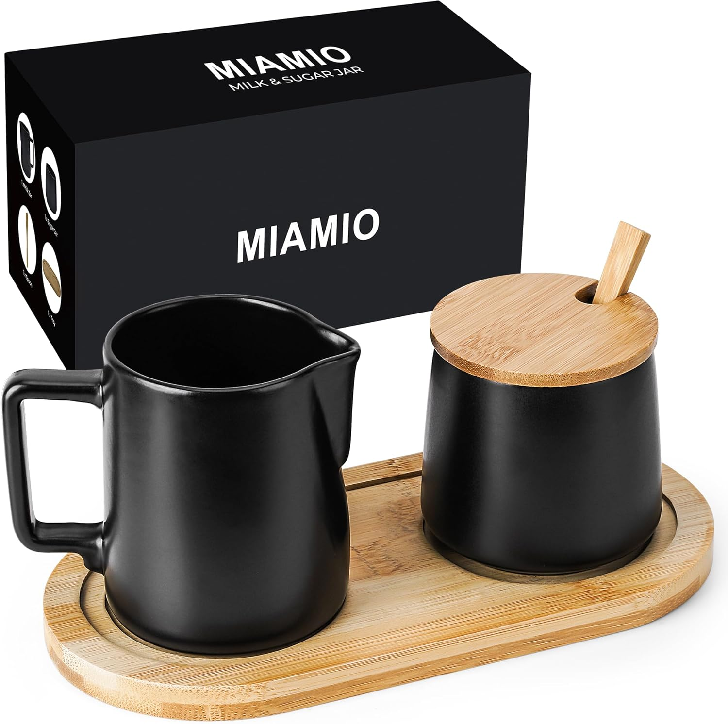 MIAMIO - Sugar and Cream Serving Set with Lid and Spoon/Ceramic Coffee Bar Accessories - Microwave & Dishwasher Safe (White)