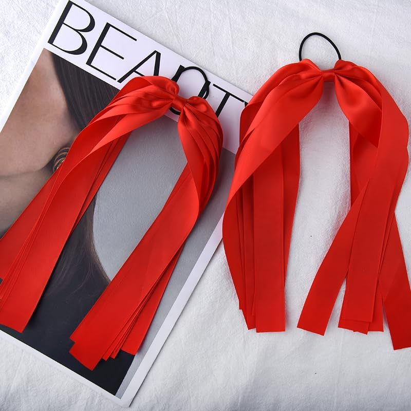 Christmas Hair Ribbon Bow Tie Christmas Hair Accessories for Women Elastic Red Bow Hair Ties Silk Long Hair Scrunchies Ties with Bow Satin Christmas Ponytail Holder 2PCS Ribbon Hair Tie Bows image number 3