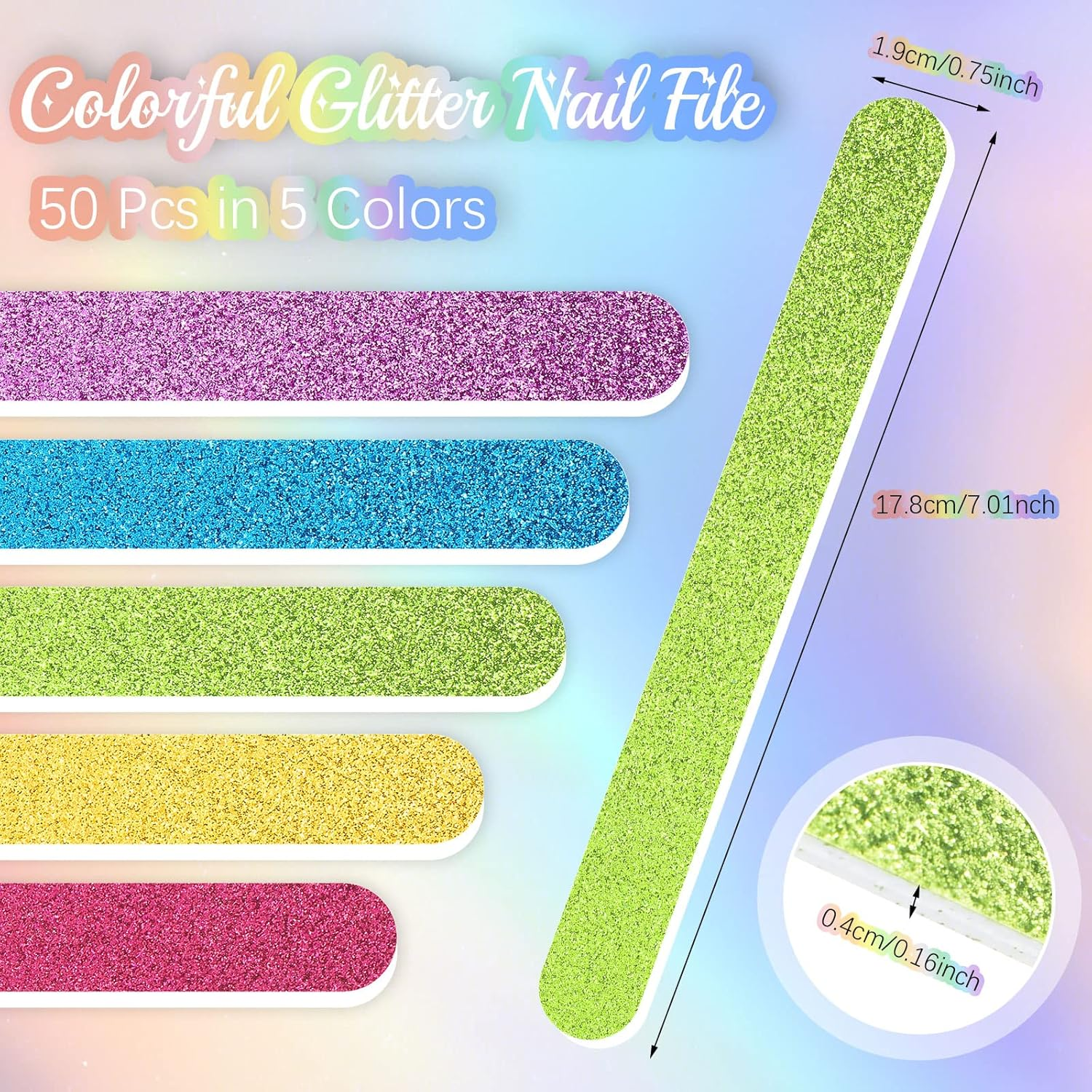 50 Pieces Glitter Nail File Colorful Strips Nail Bulk, Manicure and Pedicure Nail Buffers, Double Sided Filer for Women Shaping Smoothing Toenails and Fingernails image number 3