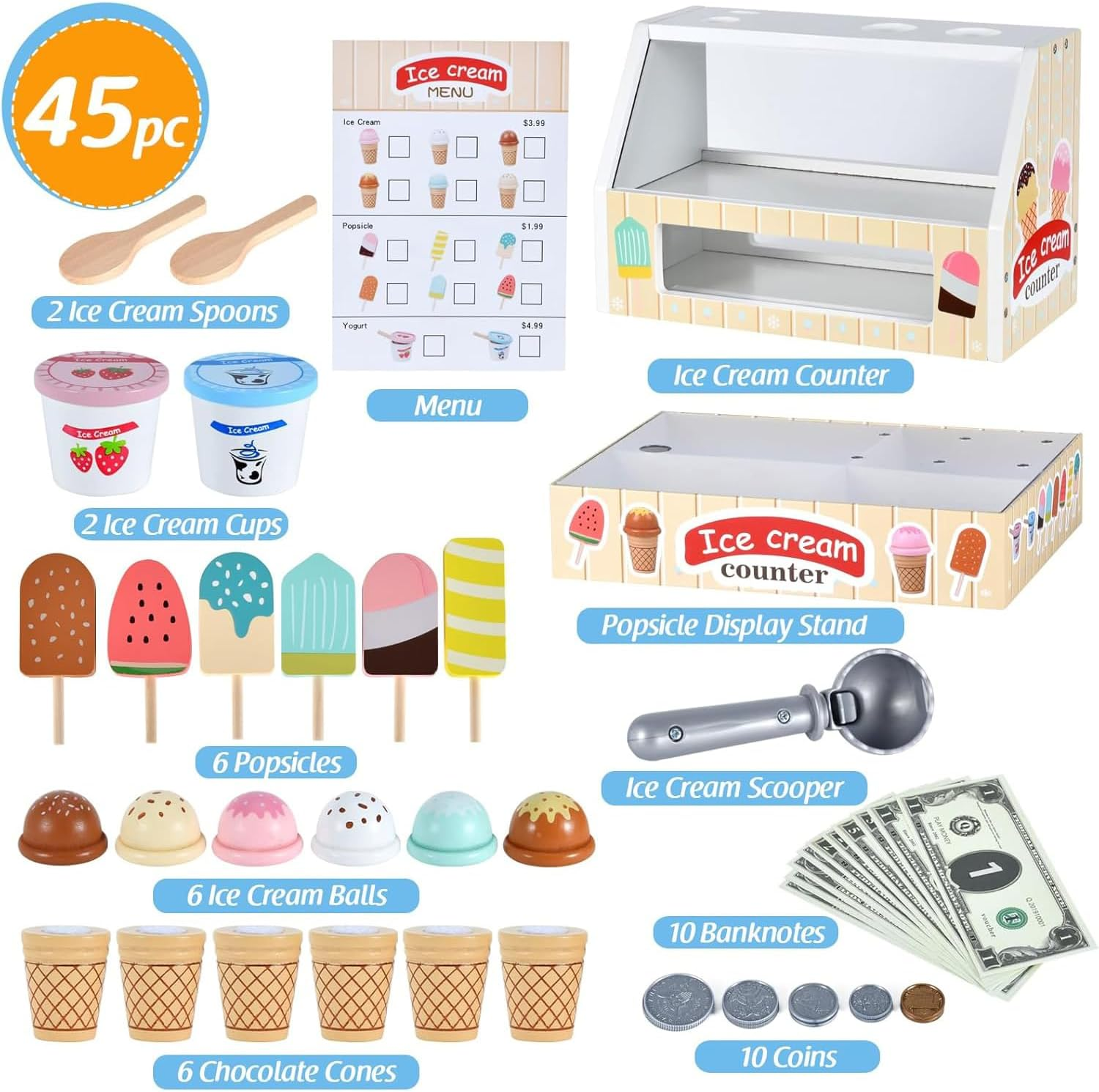 Wooden Ice Cream Counter Playset for Kids, Ice Cream Parlour Children'S Toy Kitchen Playset Pretend Play Store Pretend Toy for 3 4 5 6 Year Old Girl Boy Toddler, Play Food Scoop and Serve Ice Shop image number 2