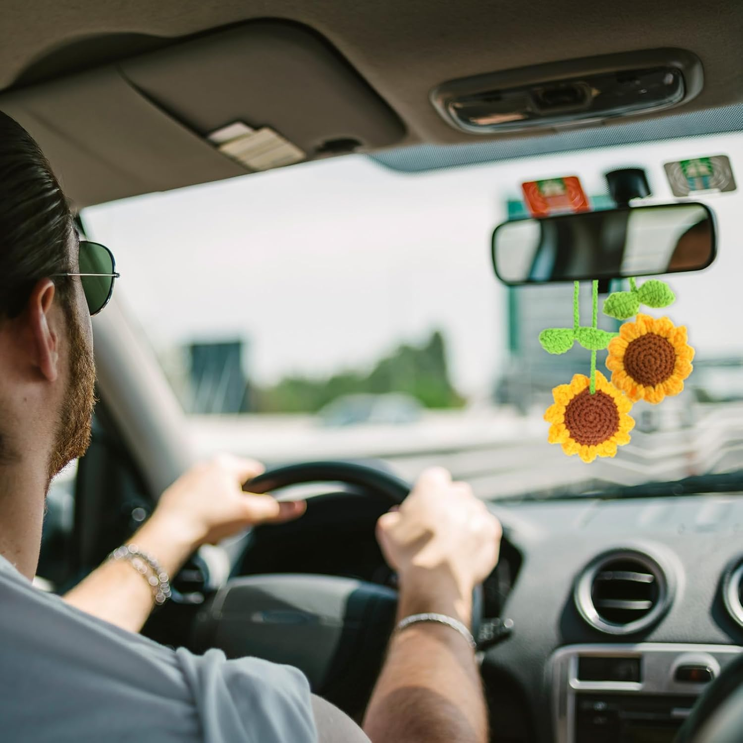 2PCS Sunflower Car Accessories, Handmade Sunflower Car Rear View Mirror Hanging Accessories Cute Crochet Cars Charm Ornaments for Interior Decorations Hanging(Yellow Green) image number 2