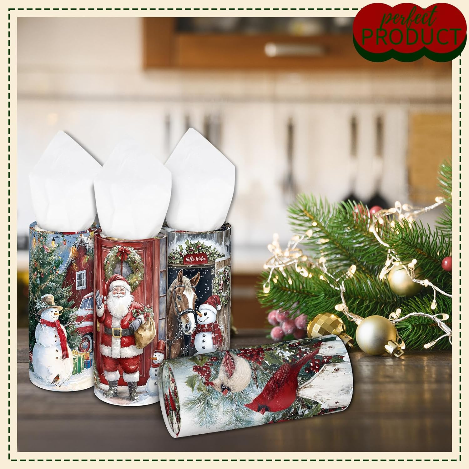 4 Pcs Christmas Car Tissue Holders with Facial Tissues, round Boxes with Festive Santa, Cardinal, Horse, and Snowman Designs, Winter Holiday Essentials for Car, Home, and Office - Style C image number 4
