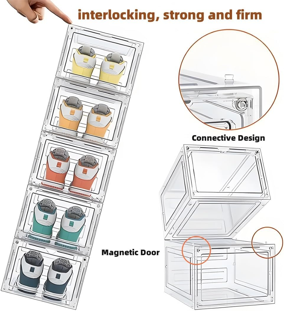 4 Pack Thicken Shoe Organizer Stackable, Containers for Sport Sneaker Display,Upgraded Sturdy Shoe Storage Box with Magnetic Door, DIY Shelving System - Black image number 3