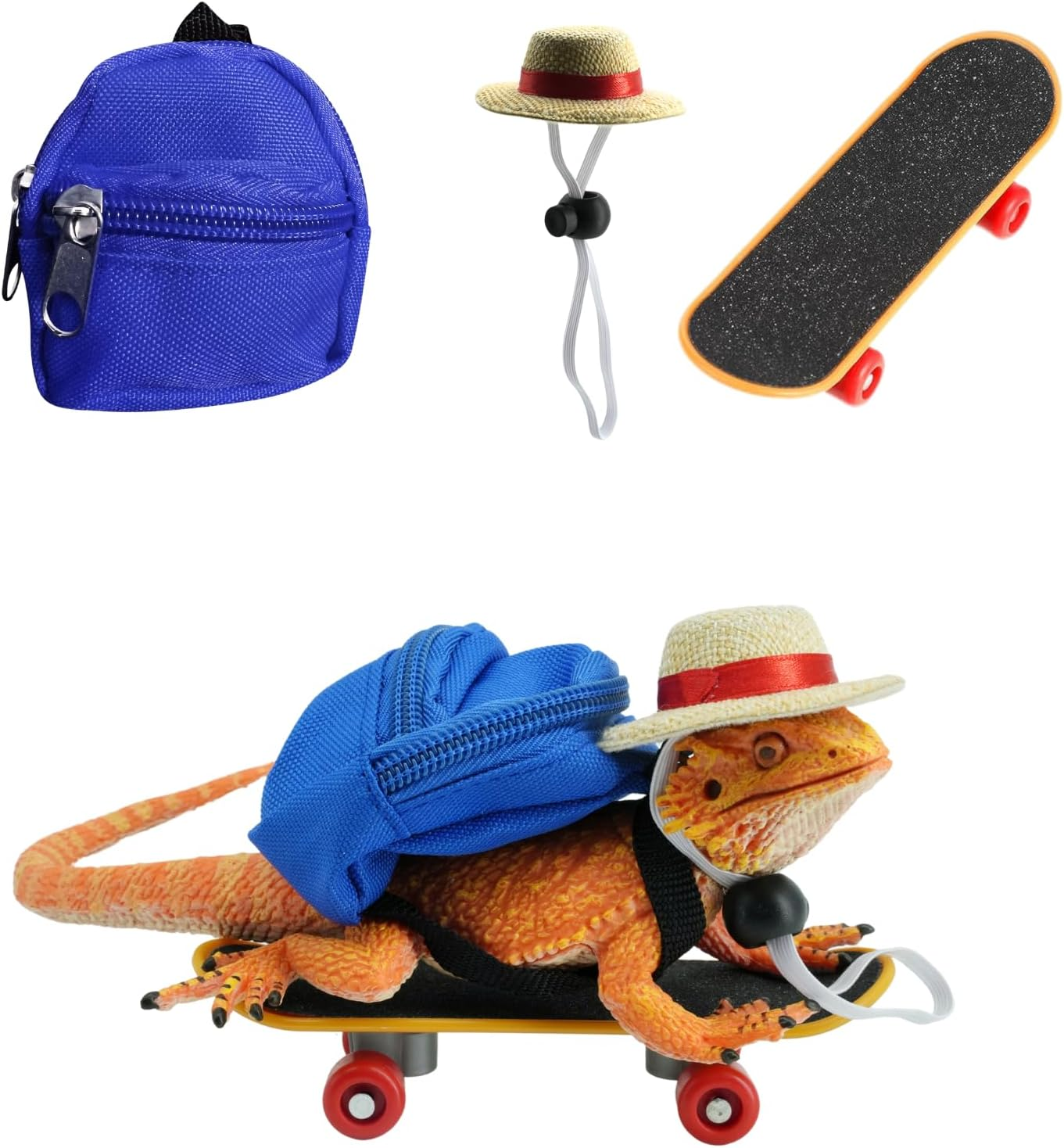 3 Pack Bearded Dragons Accessories Toy Lizard Backpack Adjustable Hat and Mini Skateboard Fit for Lizard Bearded Dragons Hamster Parrot Little Turtle Reptiles Small Animals