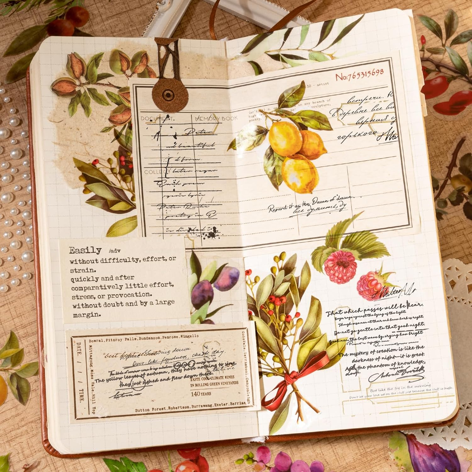 Mayplous Fruit Scrapbook Sticker Decal Set, Plastic PET, DIY Journaling, Lemon, Pineapple, Grape, Orange, 60 Pieces, Sticky Pearl, Circle Doily Paper, Beige Paper String image number 4