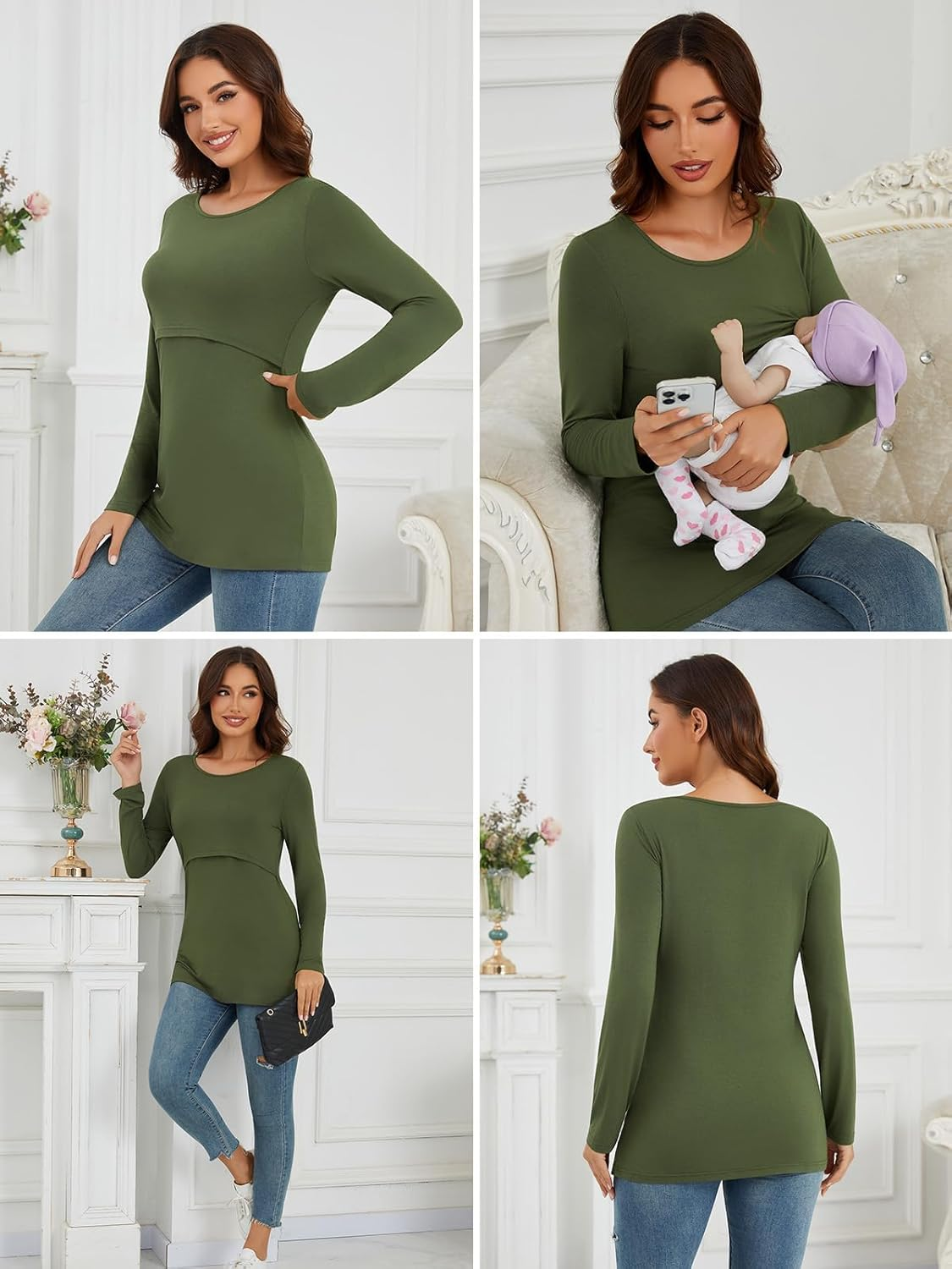 Liu & Qu 4-Pack Womens Nursing Tops Long Sleeve Breastfeeding Shirts Double Layer Fall Maternity Clothes image number 5