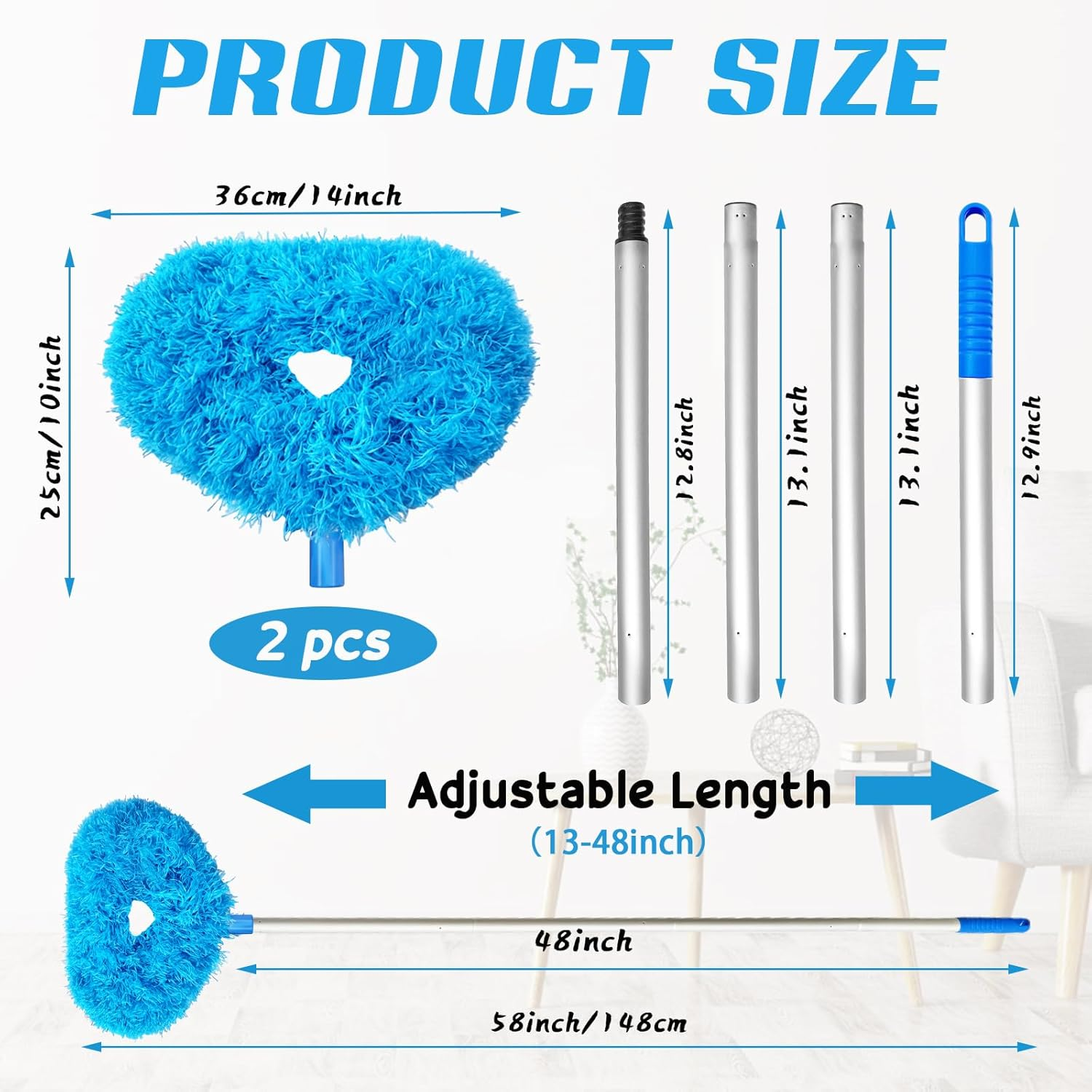 Ceiling Fan Cleaner Duster,Reusable Microfiber Ceiling Fan Blade Cleaner Duster with Extendable Long Handle Removable 13 to 48 in for Cleaning Bookshelves,Door,Window Top (Blue) image number 2