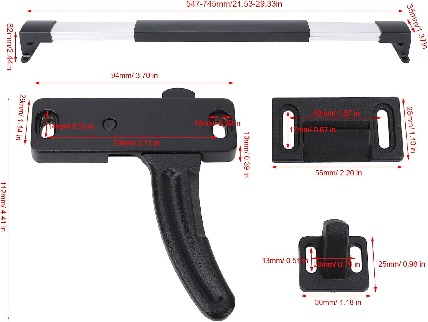 RV Screen Door Latch Kit, RV Screen Door Cross Bar Handle and Door Latch, 21.65In-29.33In Adjustable Grip Handle, Universal RV Screen Door Crossbar for RV, Travel Trailer (Left image number 3