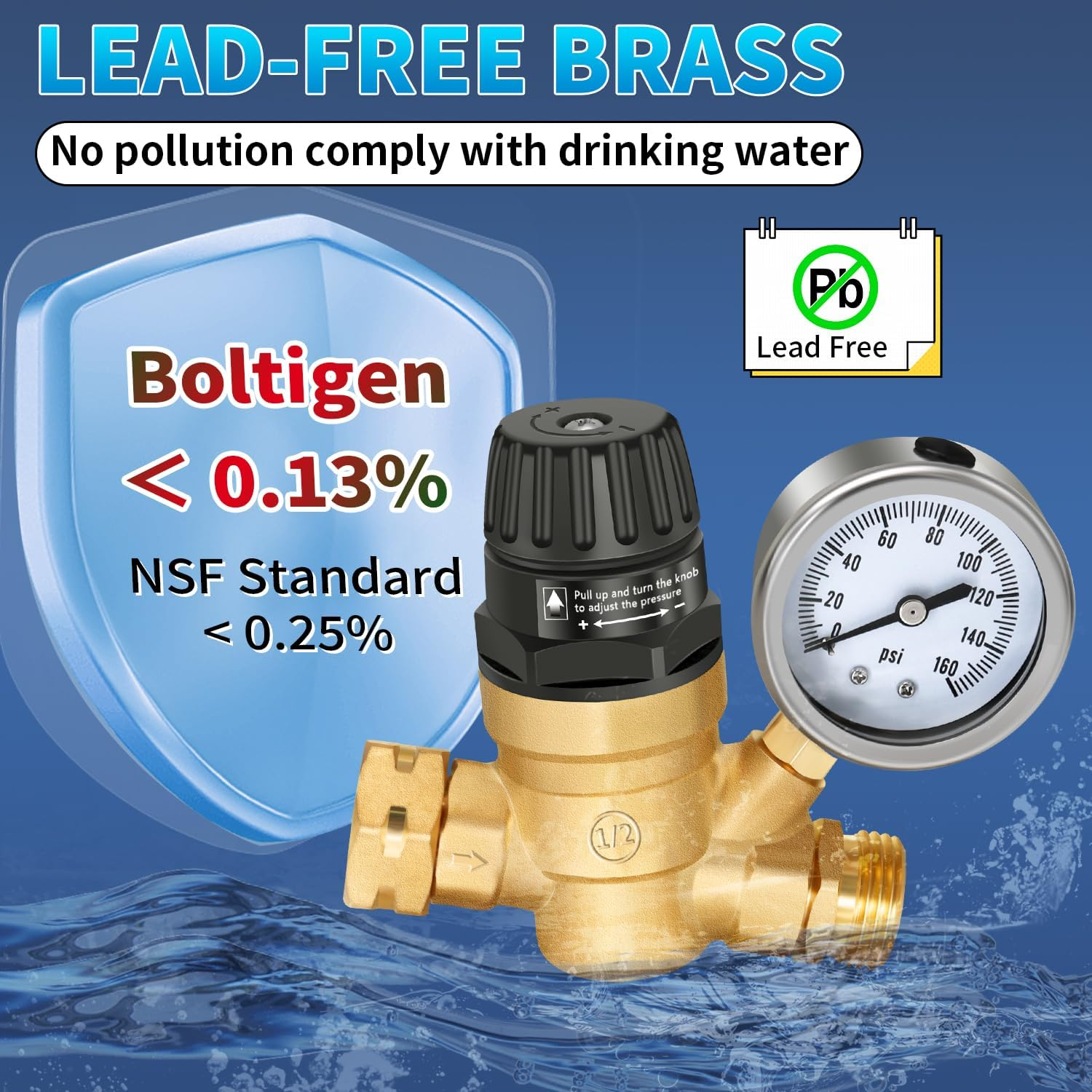 Adjustable Handle RV Water Pressure Regulator with Gauge, Upgraded Lead-Free Brass Water Pressure Regulator for RV Camper, Hose Pressure Regulator Reducing Valve, Fit for RV Camper Travel Trailer image number 4