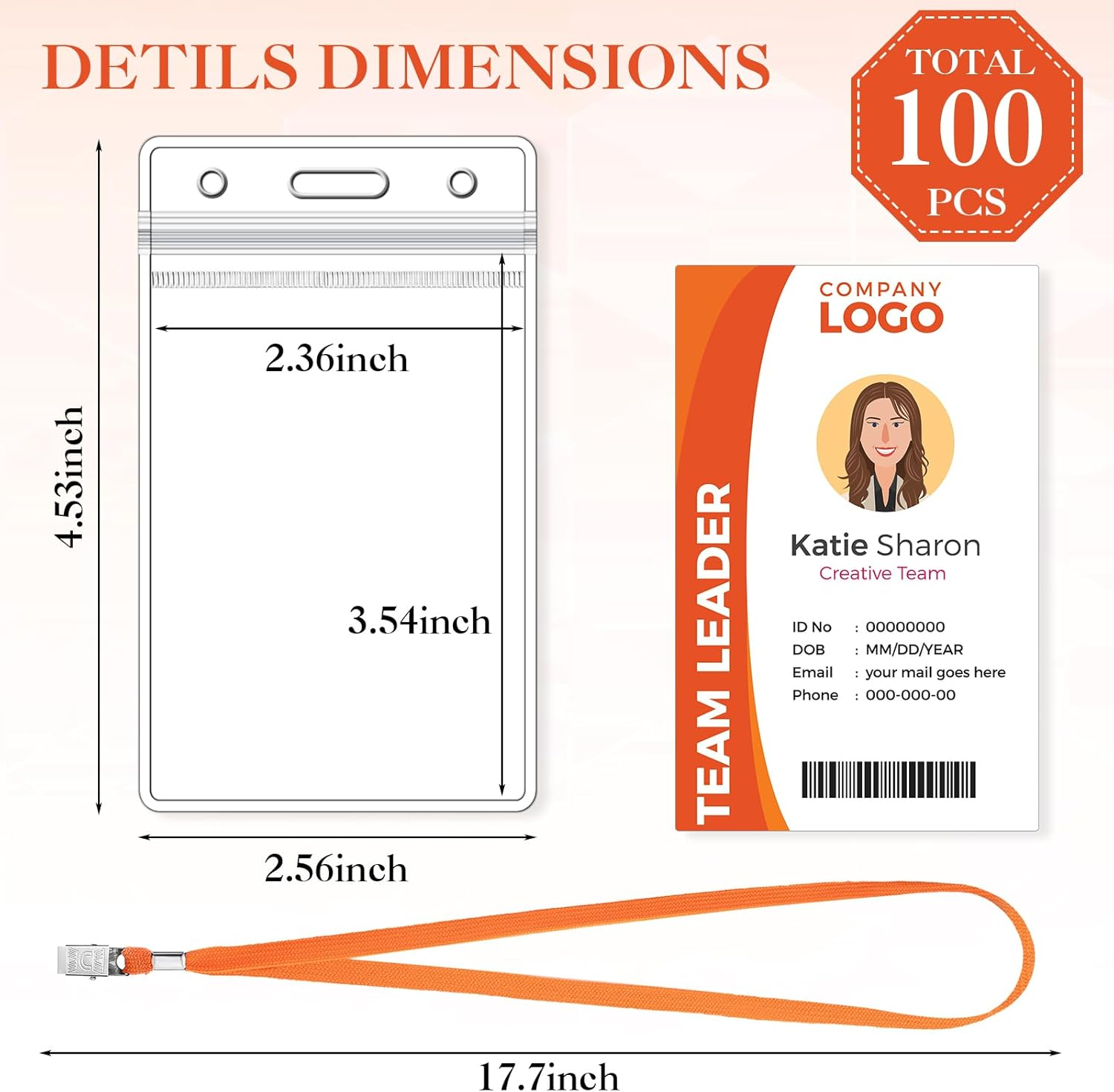 Marspark 100 Pcs Name Tag Lanyards with ID Holder Lanyards for ID Badges Resealable Flat Neck Name Tag with Clip Waterproof Plastic Clear Badges Bulk for School Office Supplies (Orange) image number 5