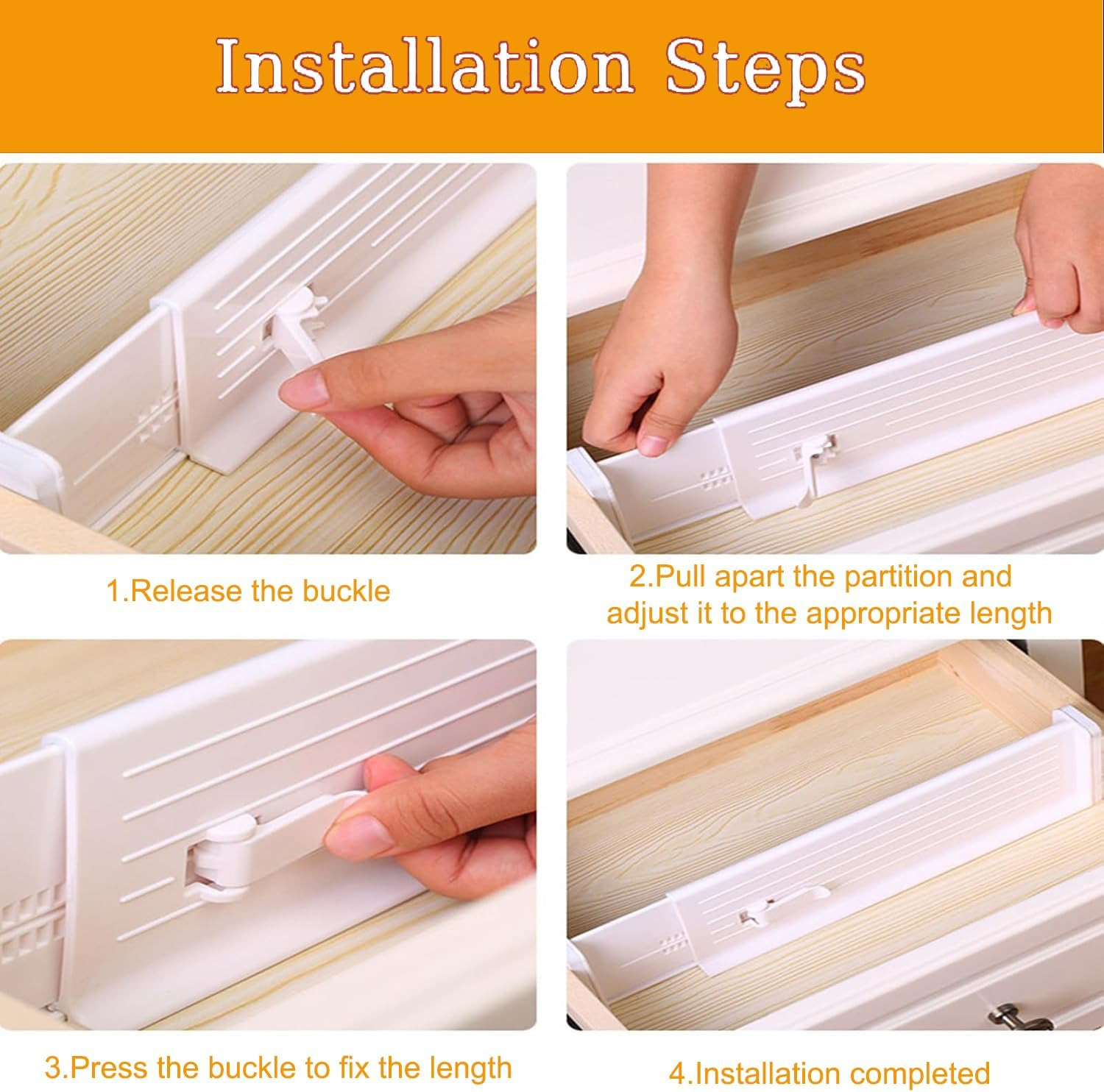 Drawer Dividers, Expandable Kitchen Drawer Organiser, with 8 Inserts, for Clothing, Kitchen Utensils and Office Storage, Set of 4 (32-56Cm) image number 6