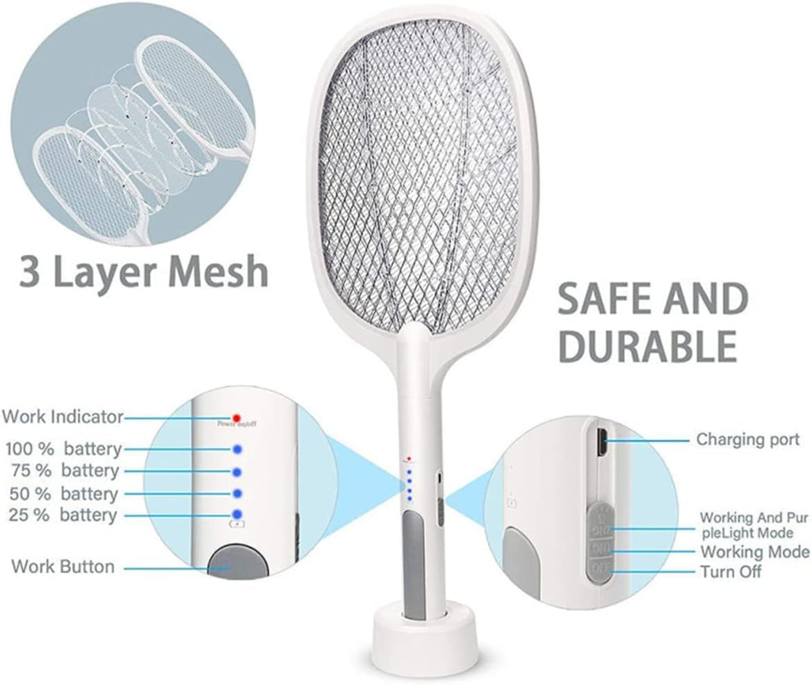 Electric Fly Swatter Racket, 2 in 1 Foldable Bug Zapper Racket and Mosquito Zapper Racket, USB Rechargeable Electric Fly Swatter Lamp & Racket