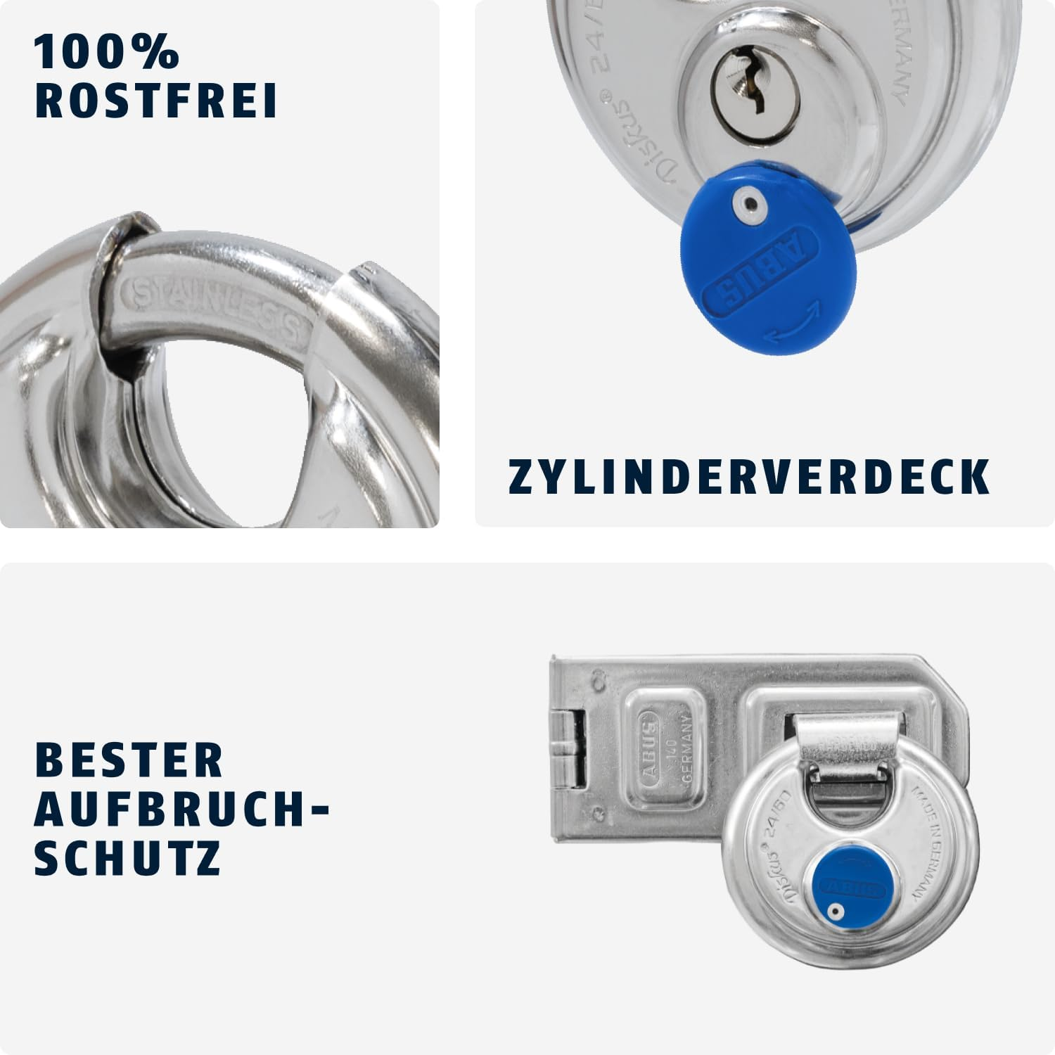 ABUS Diskus Padlock 24IB/60 Made of Stainless Steel - with 360&deg; All-Round Protection - for Securing in Extreme Weather Conditions - 05633 - ABUS Security Level 7 - Silver/Blue image number 2