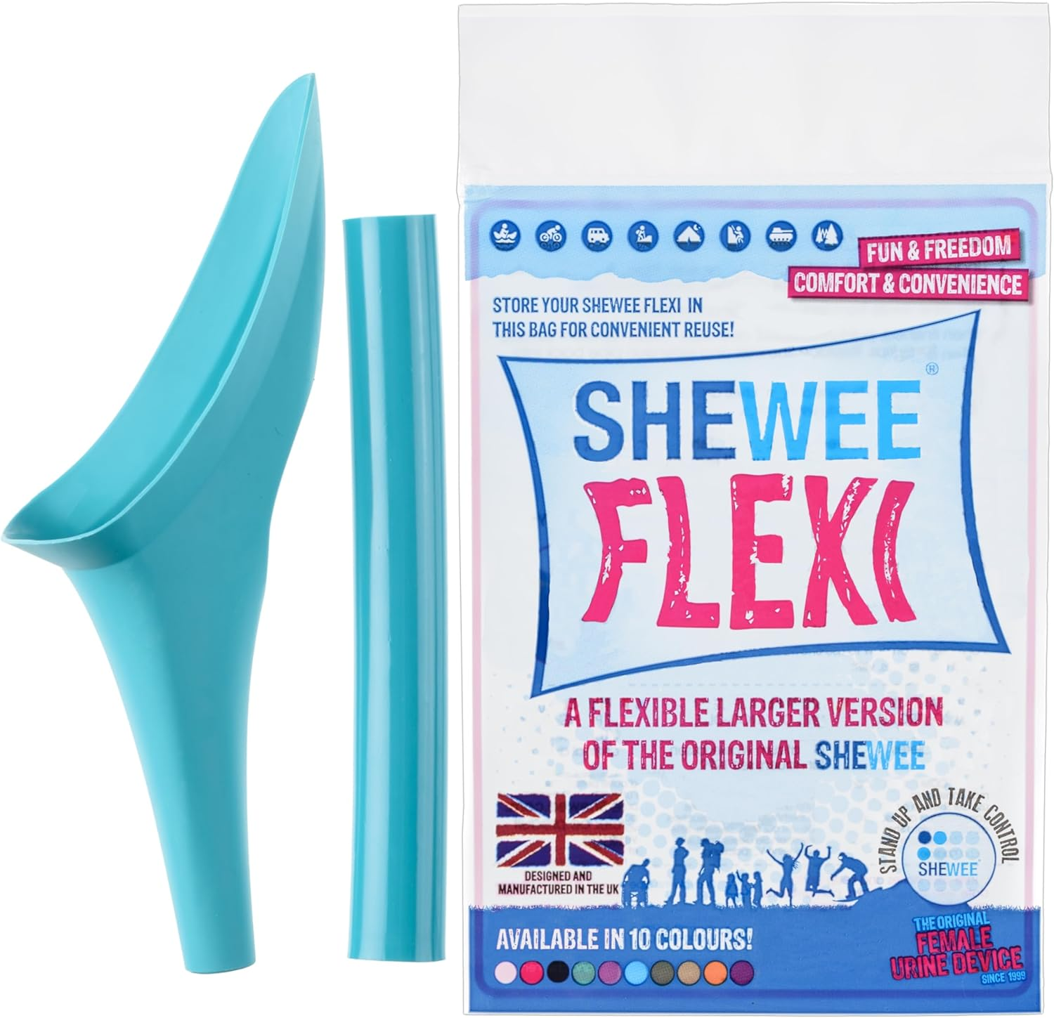 SHEWEE Flexi Female Urinal - Made in the UK &ndash; Flexible, Reusable, Portable & Recyclable Urination Device. Festival, Camping, Car, Hiking Essentials for Women. Stand to Pee Device W/Extension Pipe