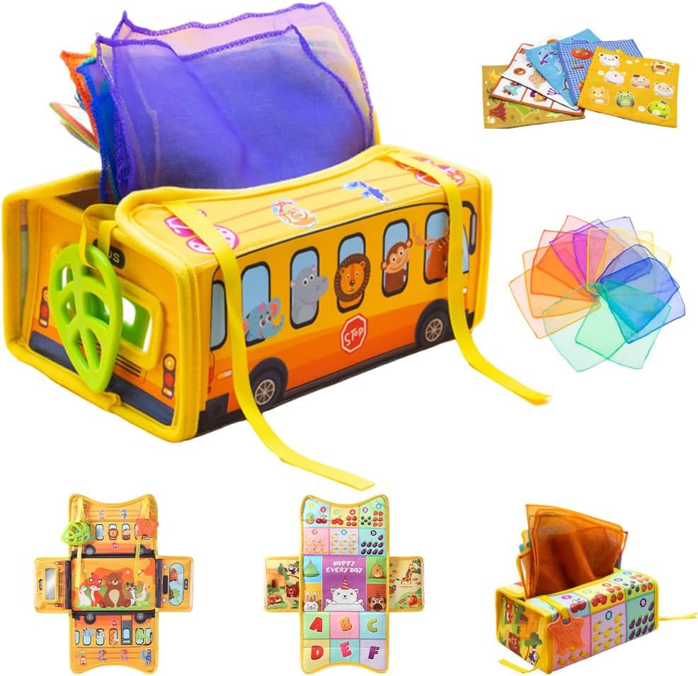 Baby Tissue Box Toy 6 Crinkle Papers 12 Silk Scarves-Montessori Toys for Babies 6 Months+-Sensory Tissue Box Toy Detachable to a Hanging Toy for Boys Girls Kids image number 5