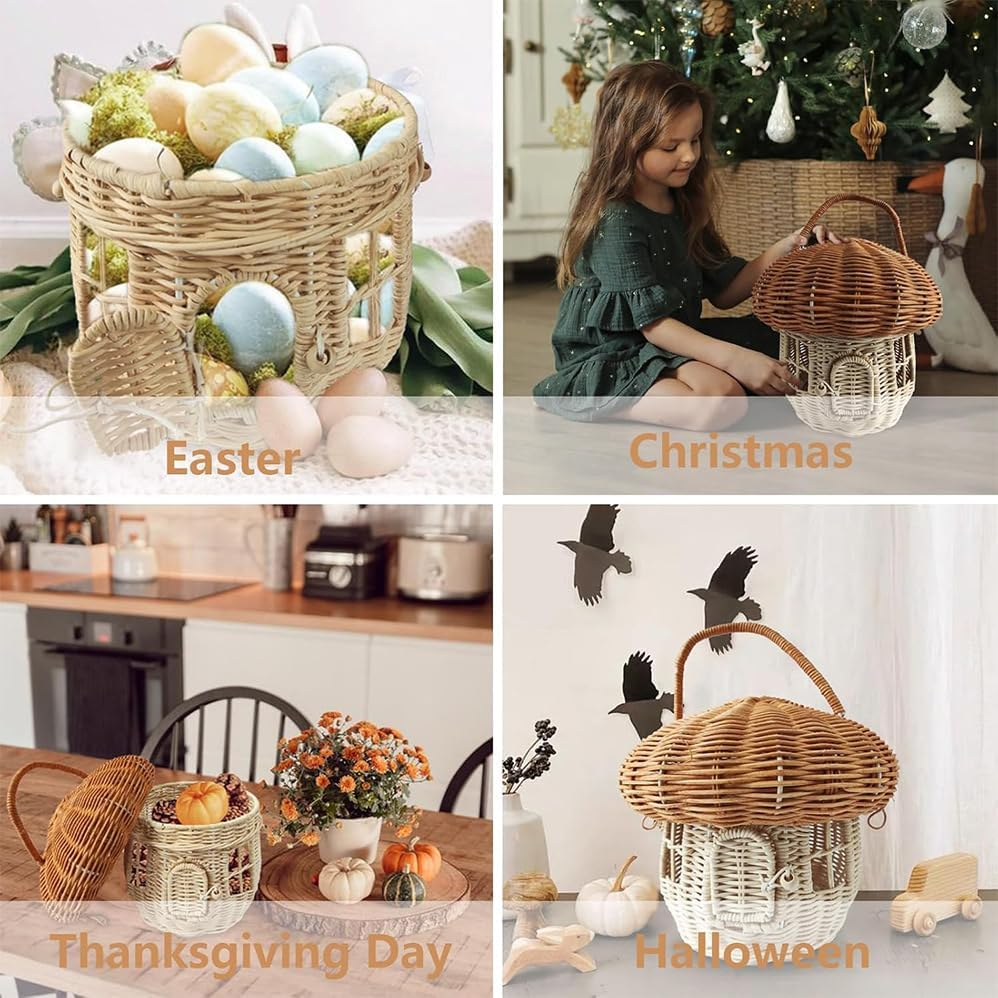 Mushroom Basket with Lid,Handwoven Decorative Storage Box,Decorative Woven Handle Basket Fruit Baskets,For Bedroom,Closet,Shelves,Laundry & Toy Storage,Photography Props,Eco-Friendly & Durable image number 2